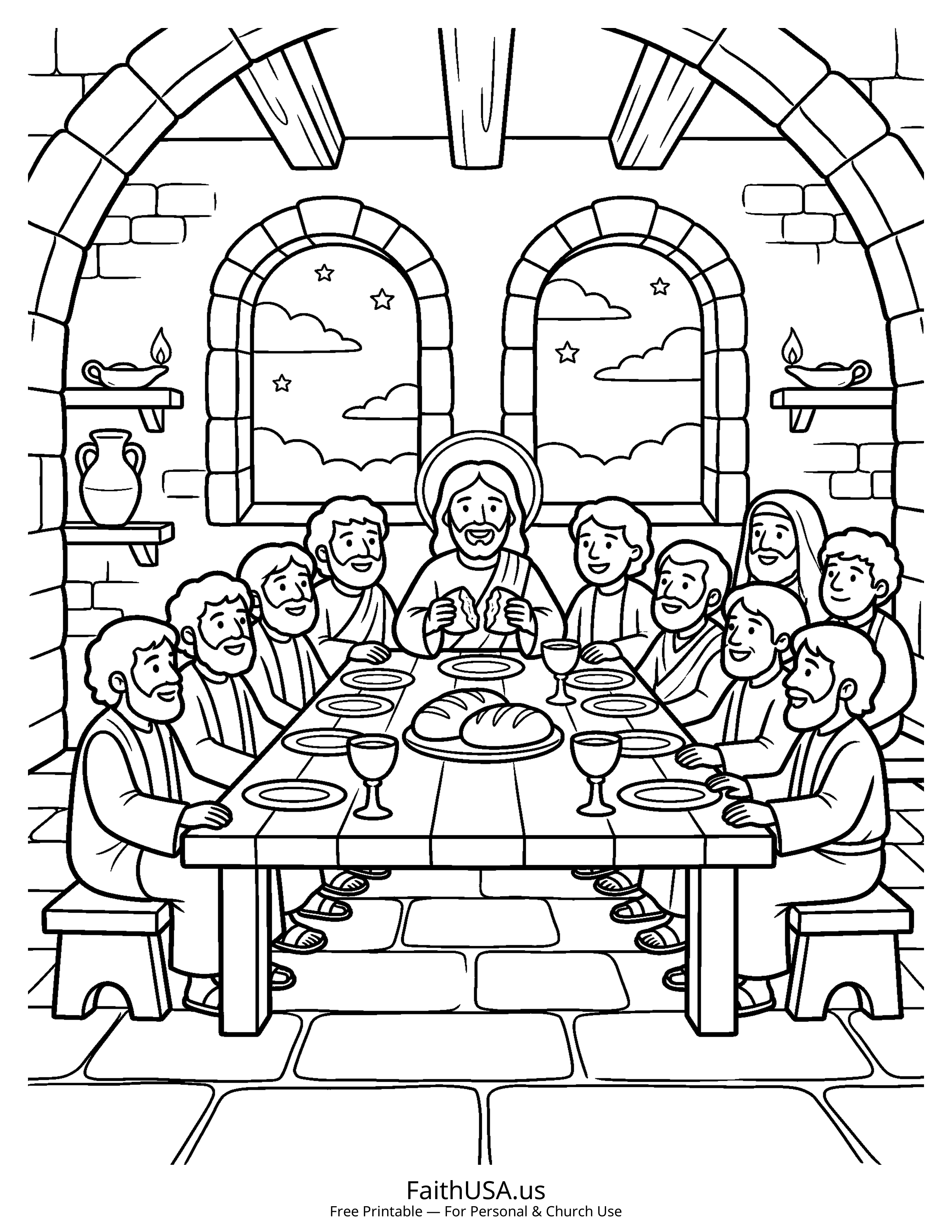 Jesus coloring page featuring Jesus at the Last Supper in simple black-and-white line art