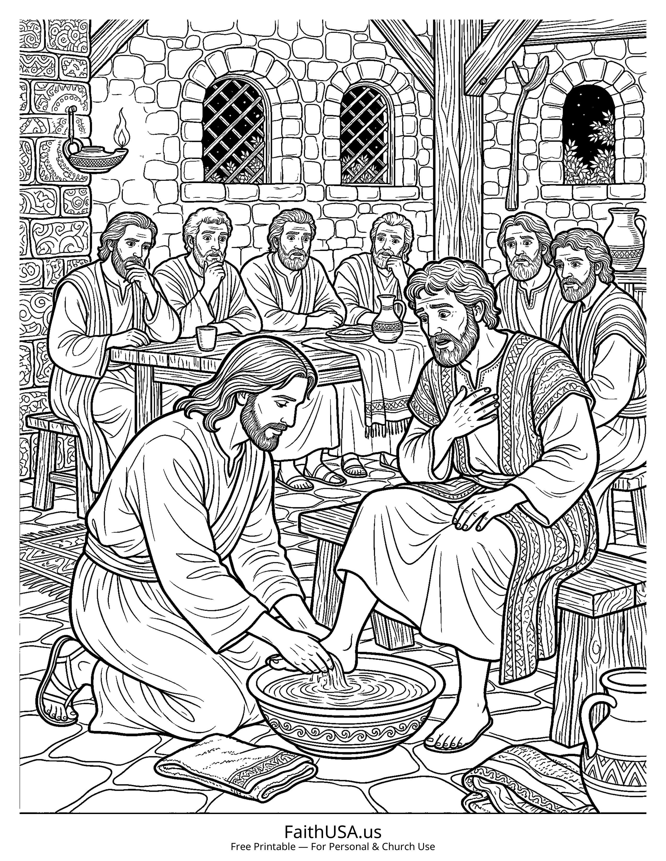 Jesus coloring page featuring Jesus Washing the Disciples Feet in detailed black-and-white line art