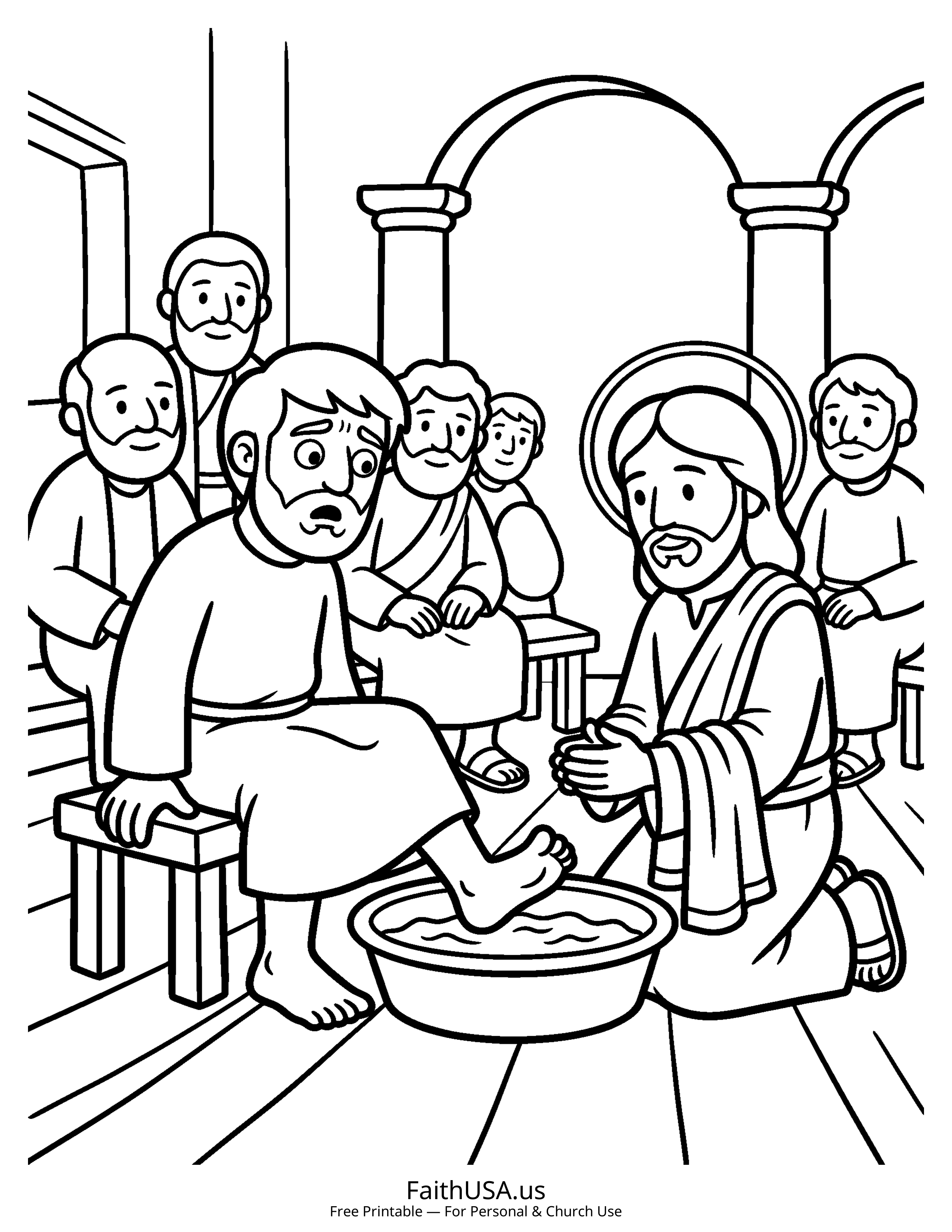 Jesus coloring page featuring Jesus Washing the Disciples Feet in simple black-and-white line art