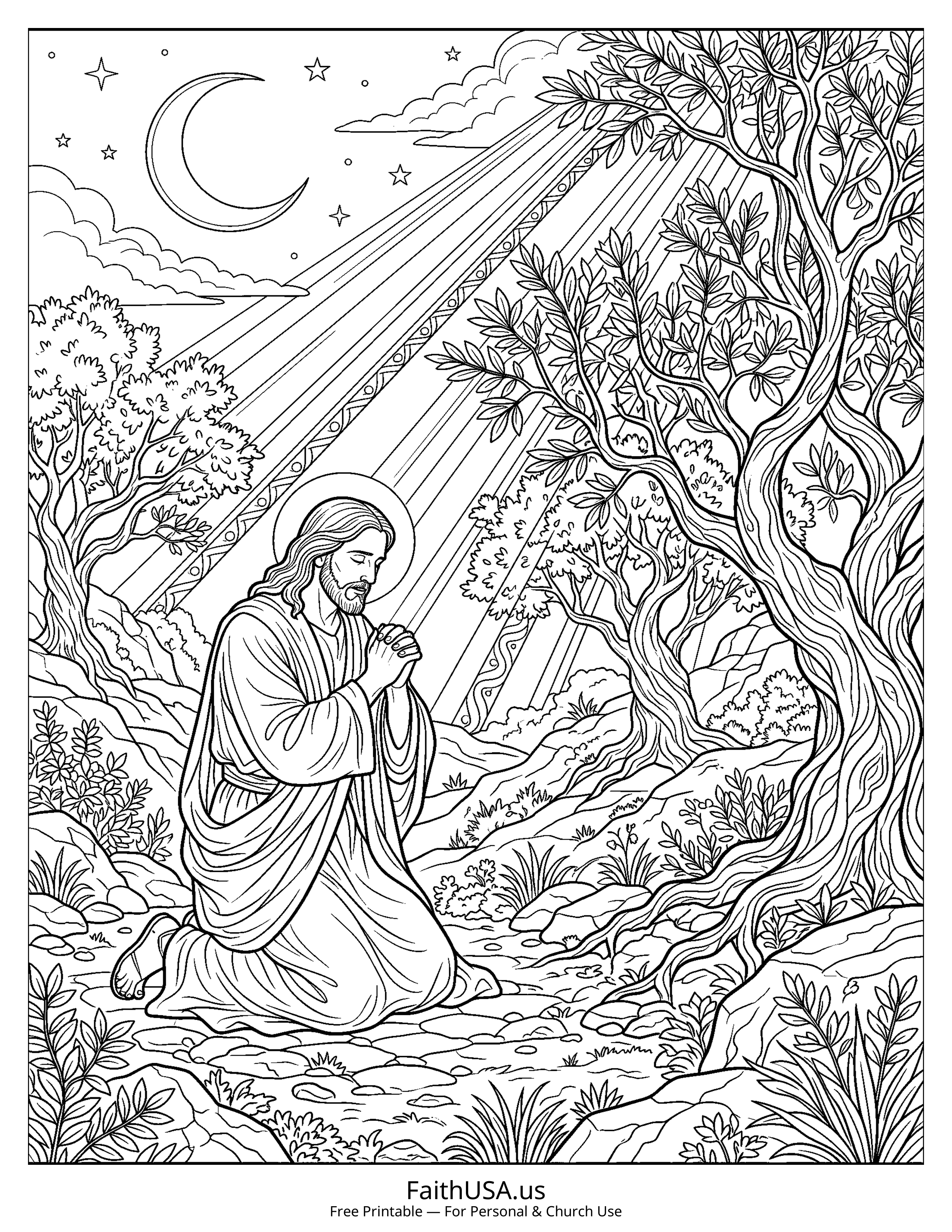 Jesus coloring page featuring Jesus Praying in Gethsemane in detailed black-and-white line art
