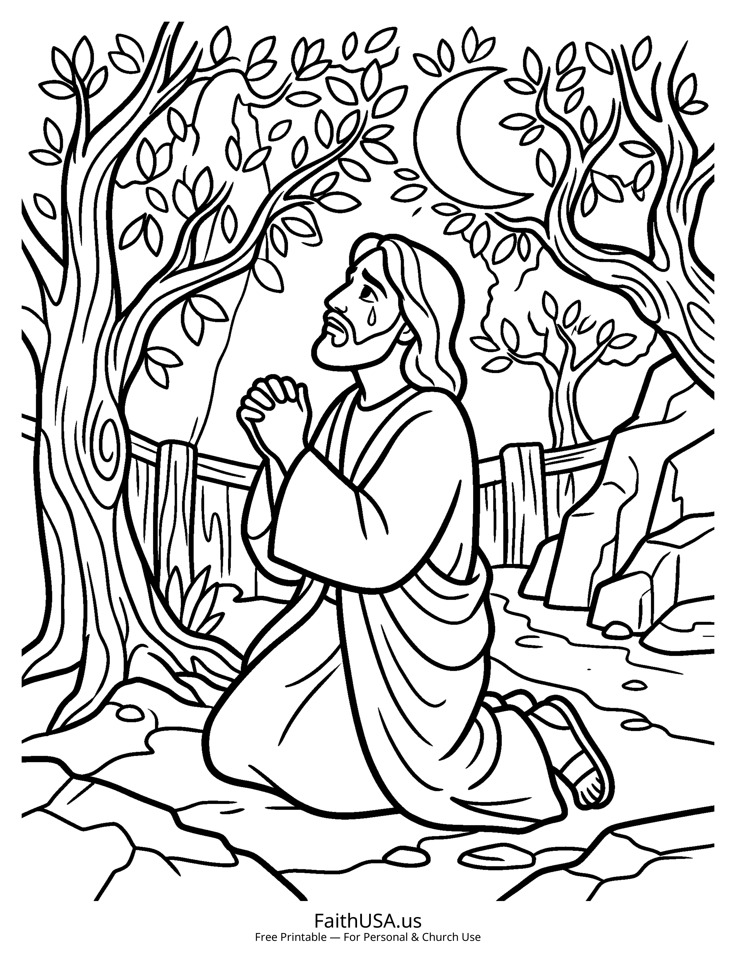 Jesus coloring page featuring Jesus Praying in Gethsemane in simple black-and-white line art