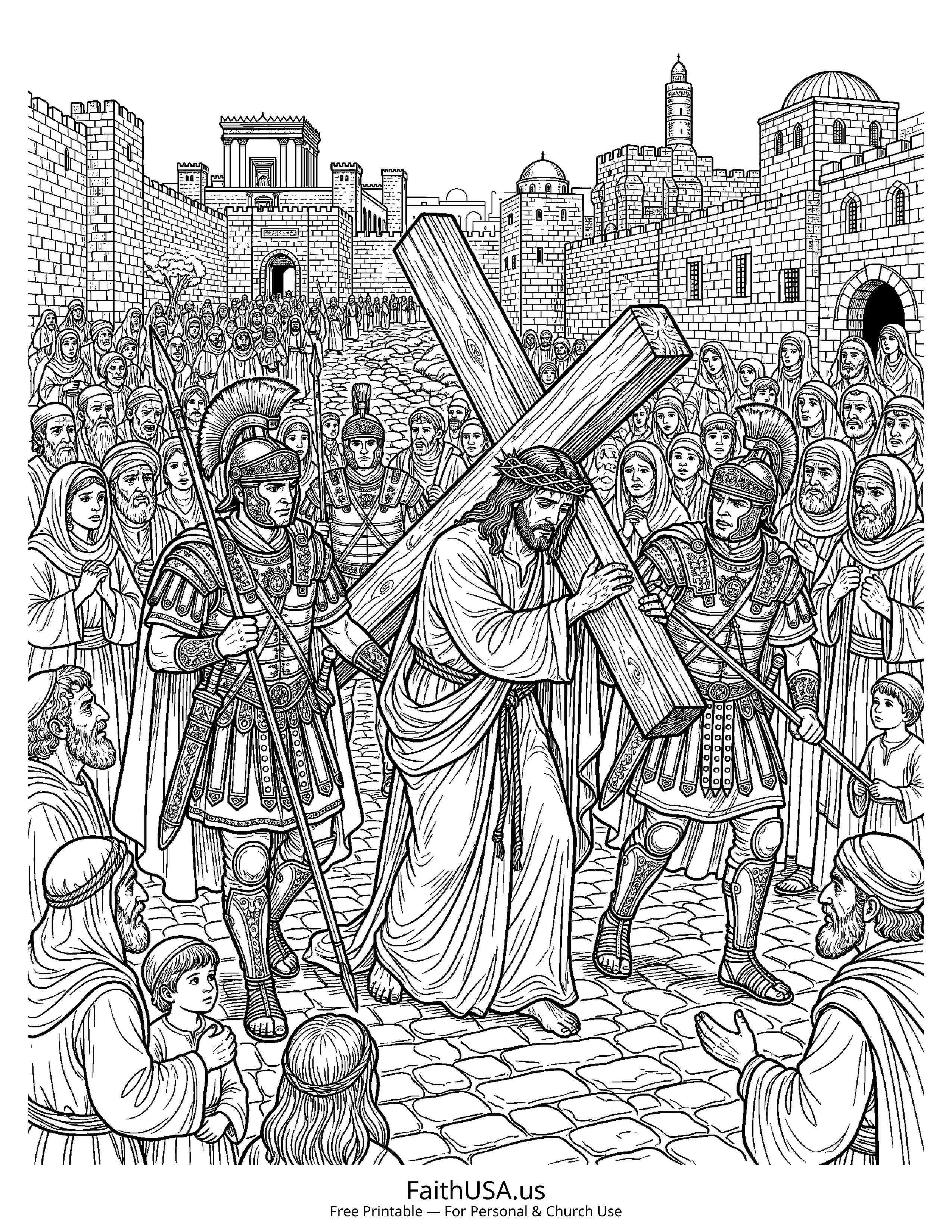 Jesus coloring page featuring Jesus Carrying the Cross in detailed black-and-white line art