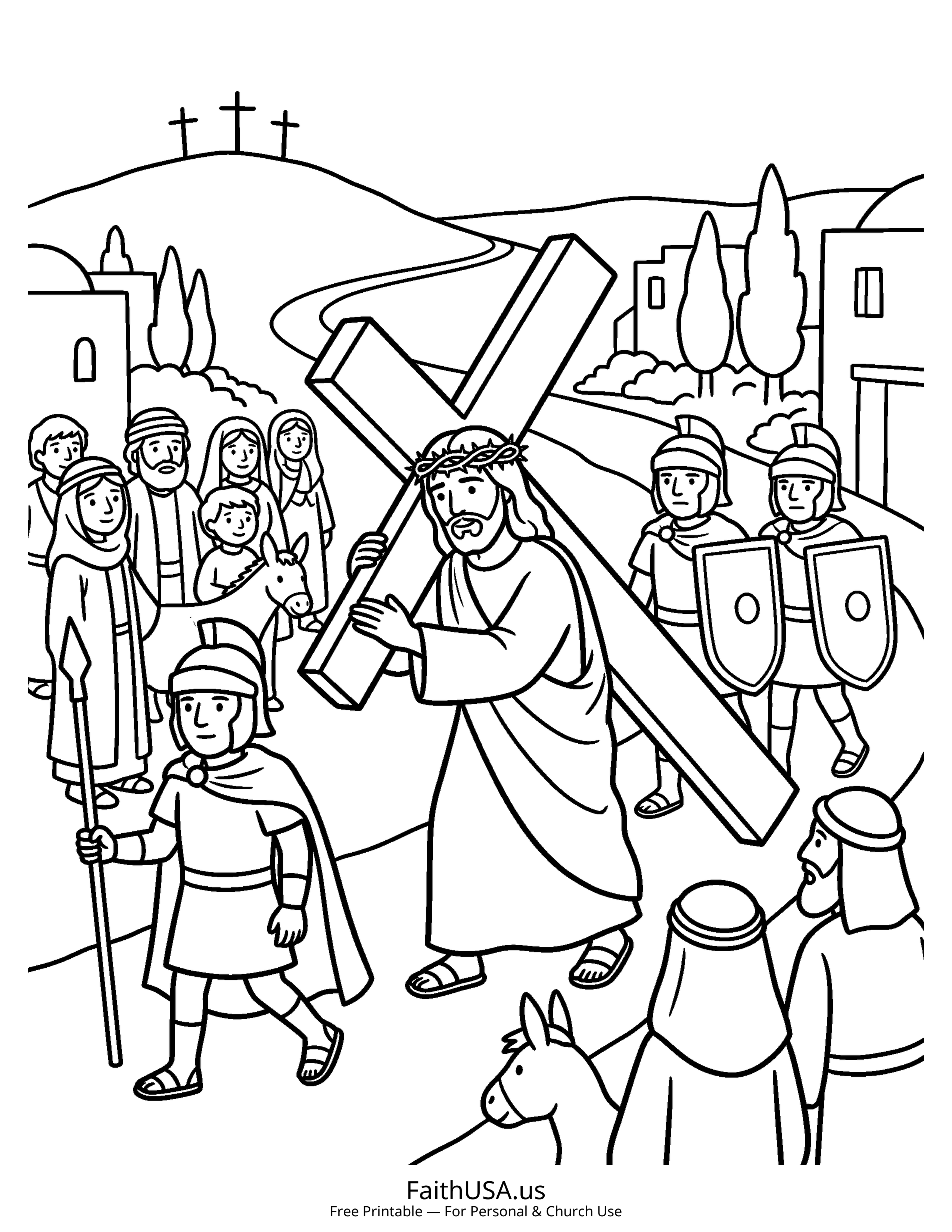 Jesus coloring page featuring Jesus Carrying the Cross in simple black-and-white line art