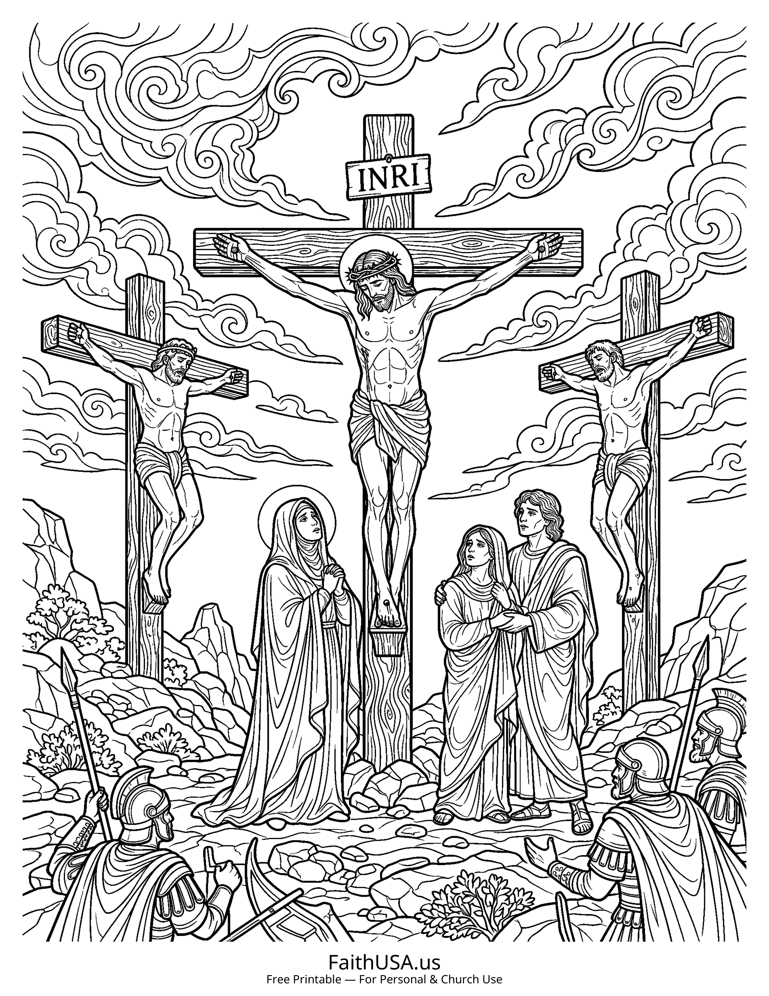Jesus coloring page featuring The Crucifixion in detailed black-and-white line art