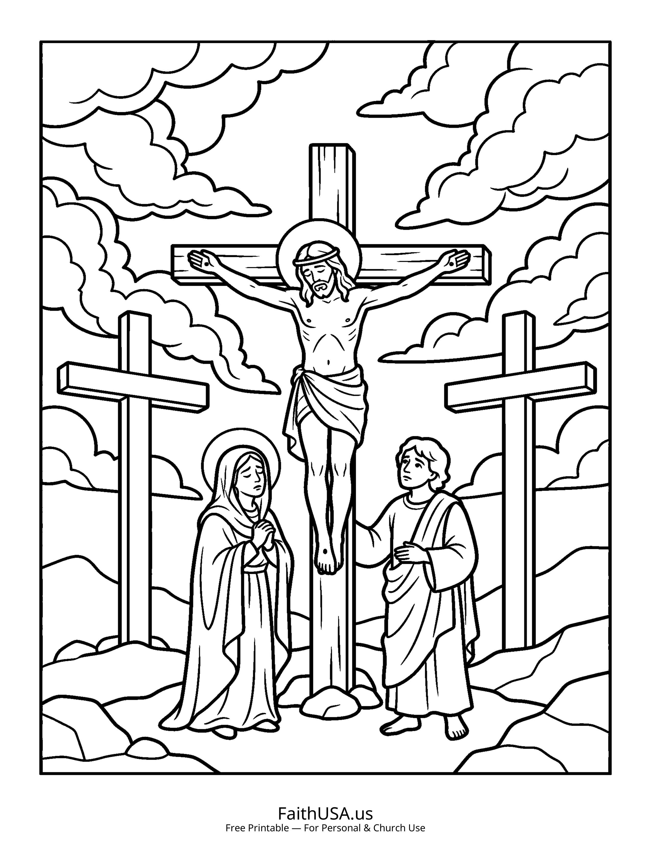 Jesus coloring page featuring The Crucifixion in simple black-and-white line art