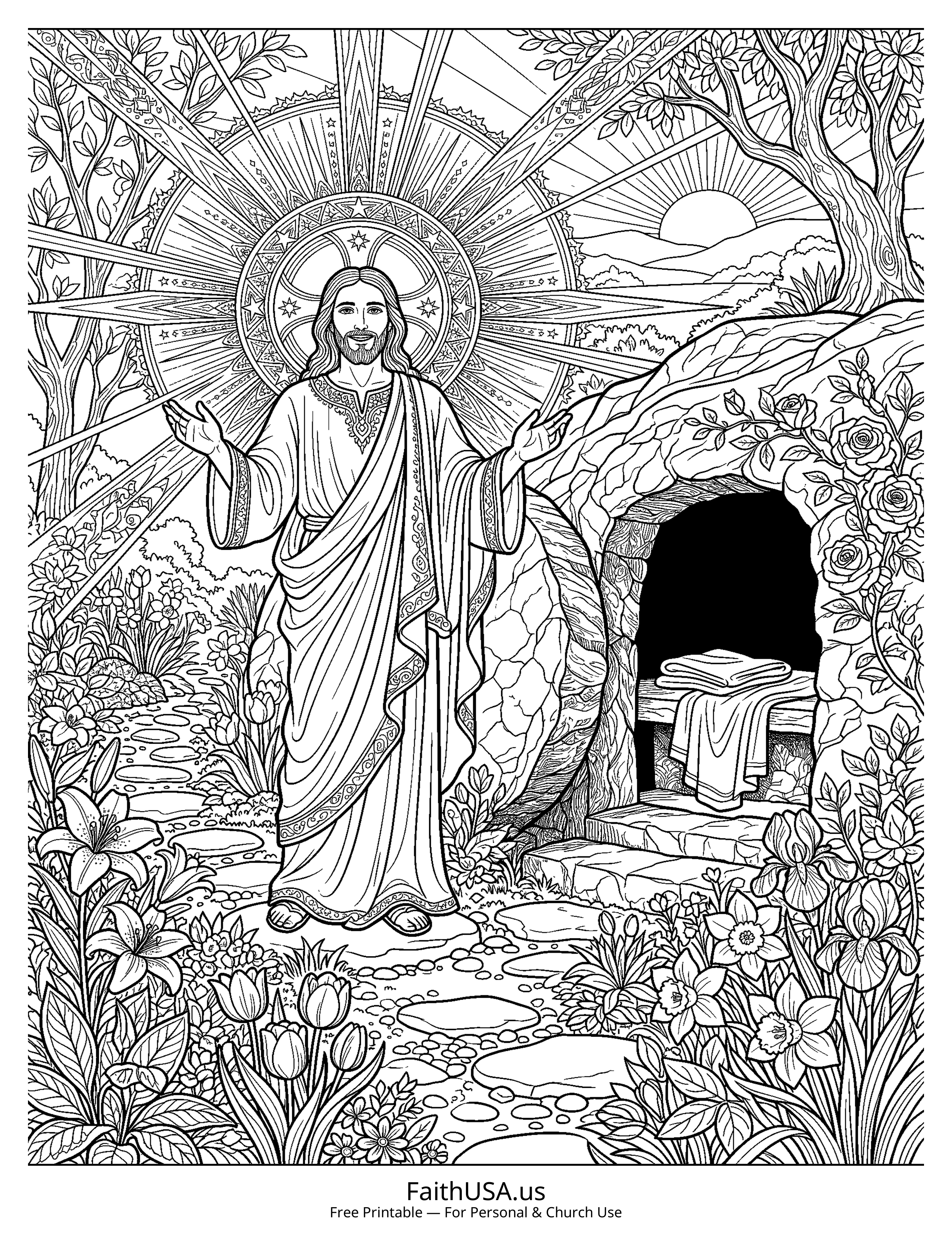 Jesus coloring page featuring The Risen Jesus in detailed black-and-white line art