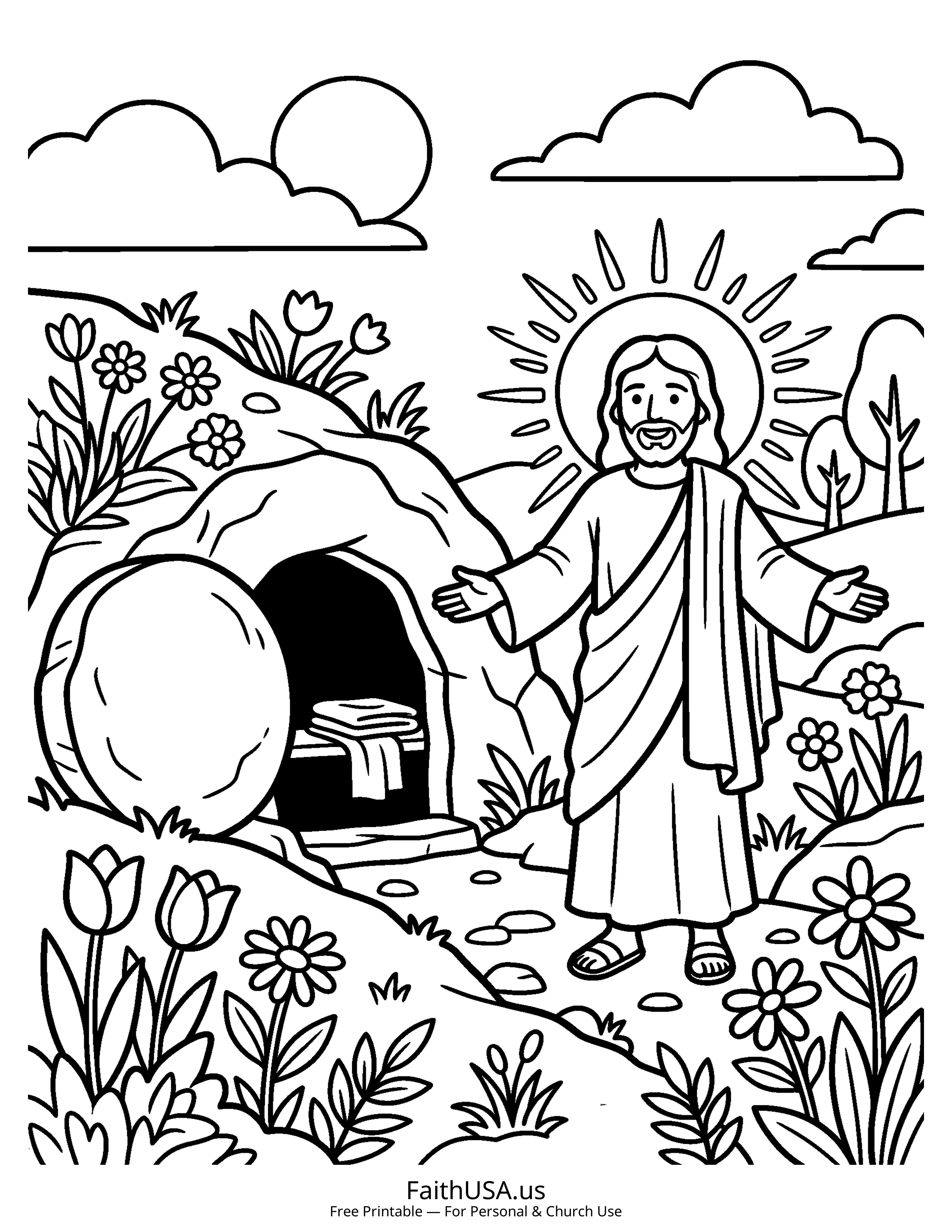 Jesus coloring page featuring The Risen Jesus in simple black-and-white line art