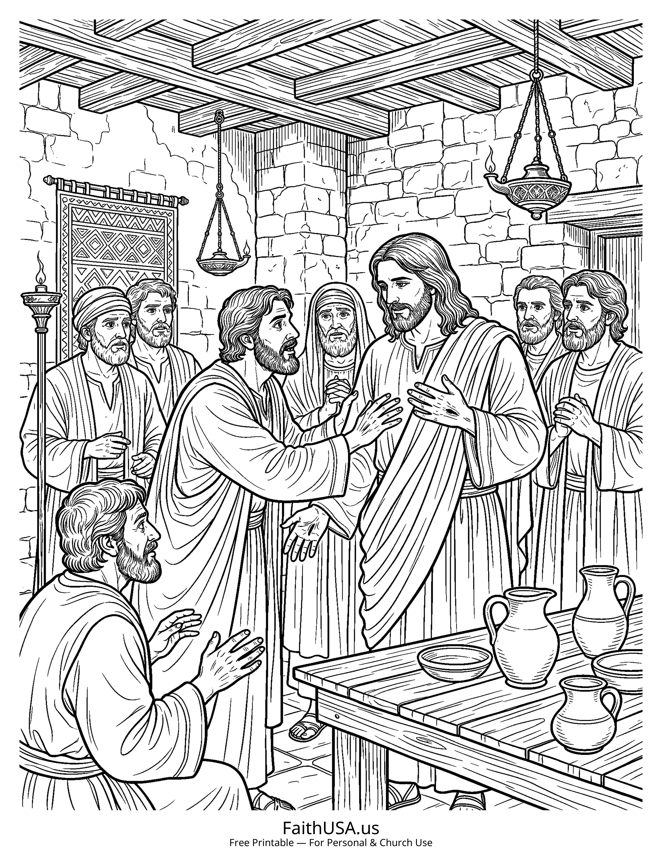 Jesus coloring page featuring Jesus Appears to Thomas in detailed black-and-white line art