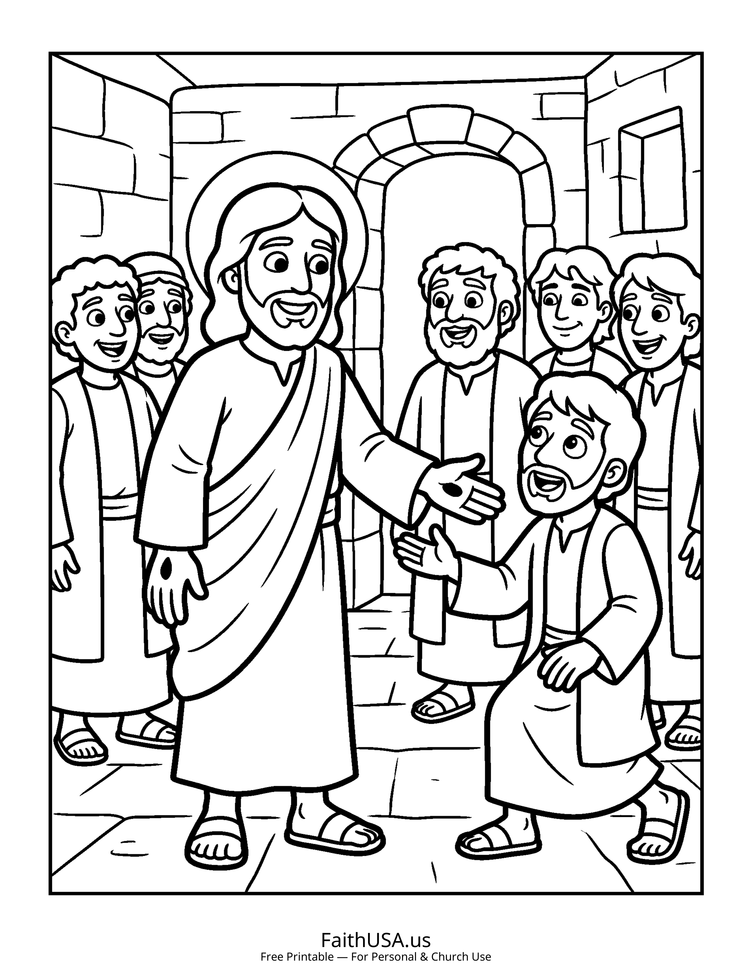 Jesus coloring page featuring Jesus Appears to Thomas in simple black-and-white line art