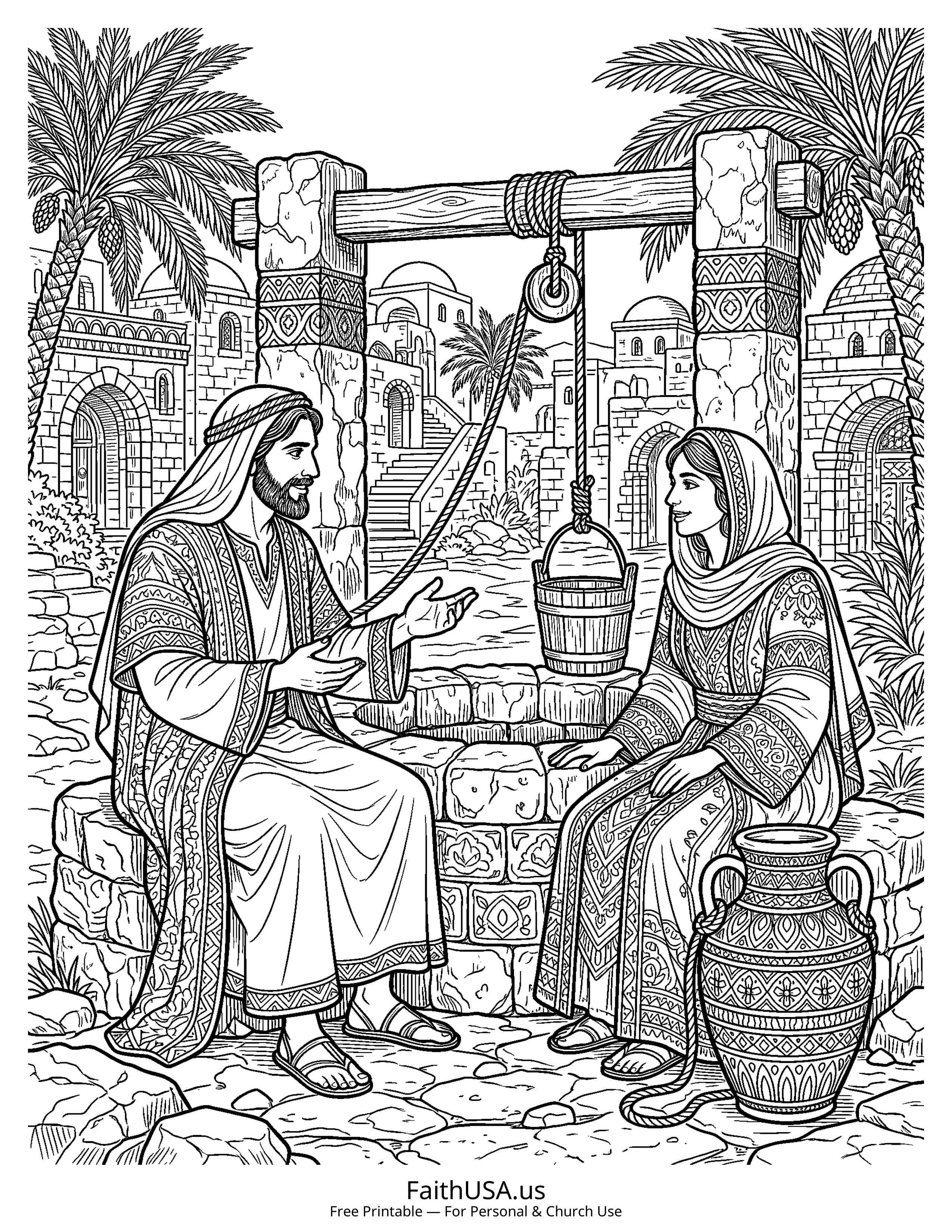 Jesus coloring page featuring Jesus and the Samaritan Woman in detailed black-and-white line art
