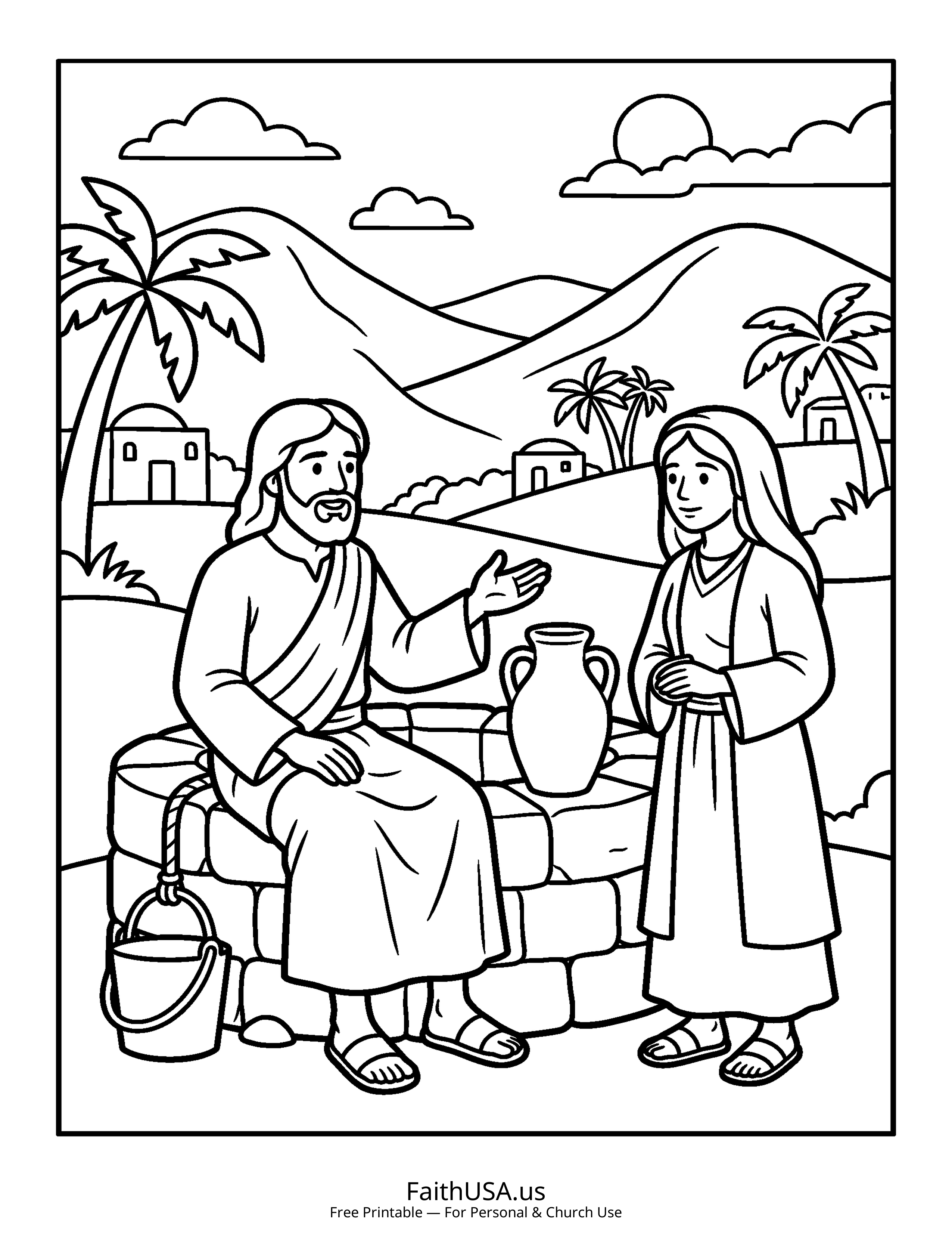 Jesus coloring page featuring Jesus and the Samaritan Woman in simple black-and-white line art