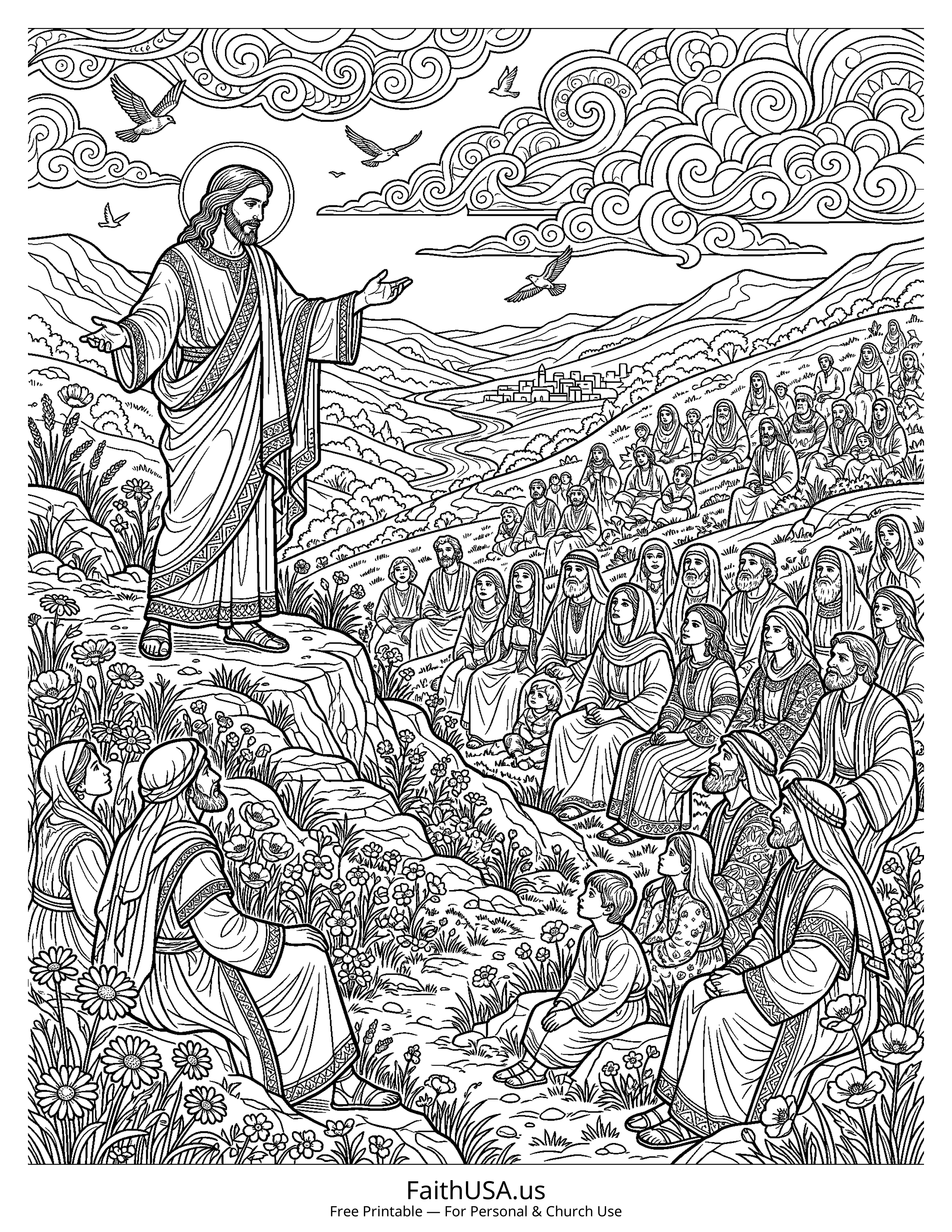 Jesus coloring page featuring The Sermon on the Mount in detailed black-and-white line art