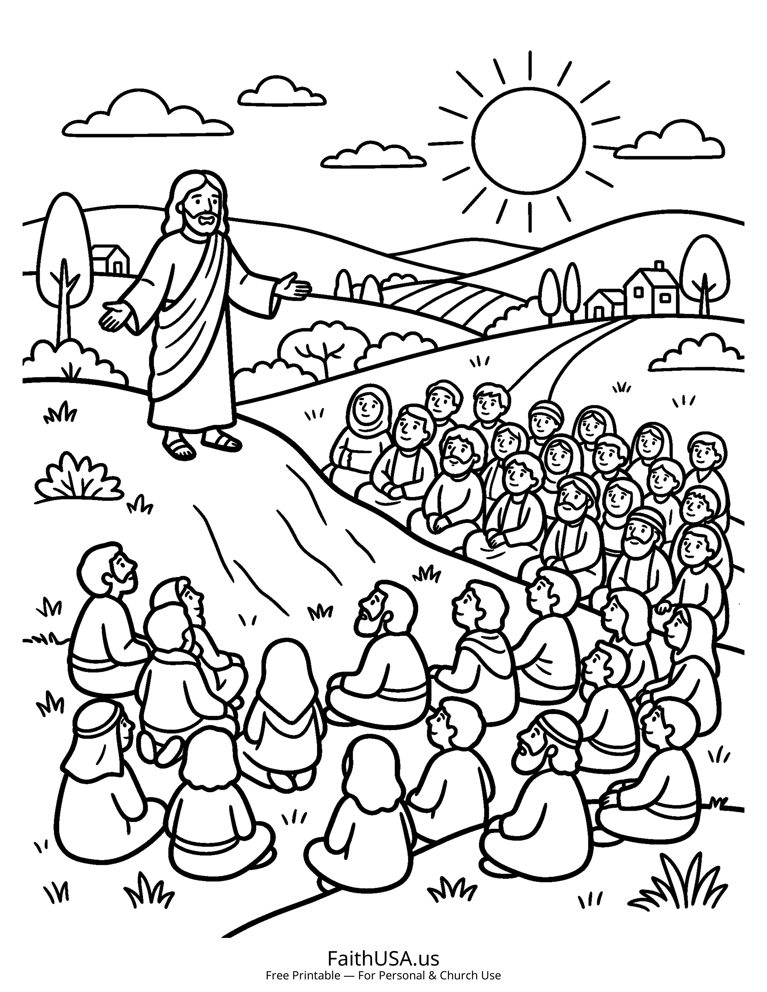 Jesus coloring page featuring The Sermon on the Mount in simple black-and-white line art