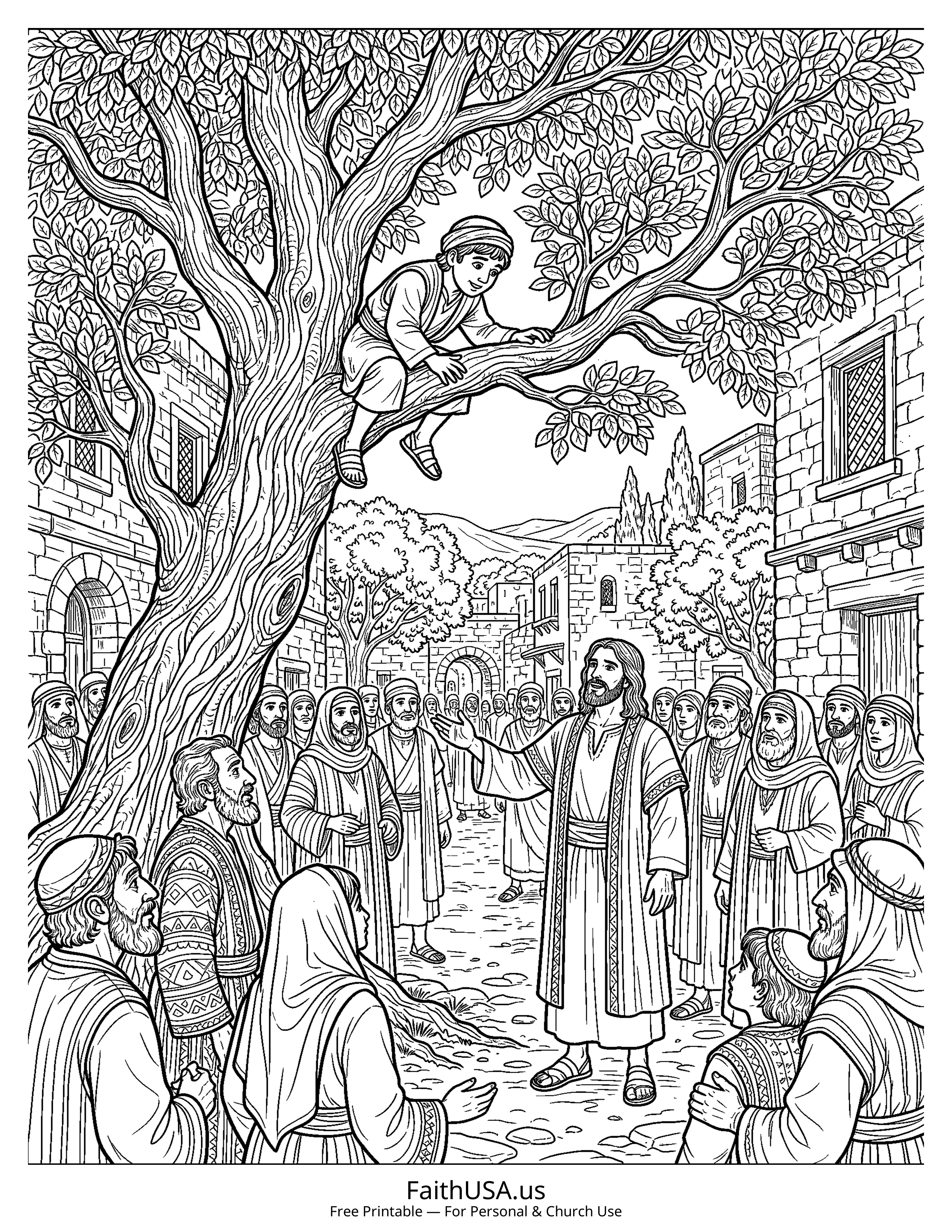 Jesus coloring page featuring Jesus and Zacchaeus in detailed black-and-white line art