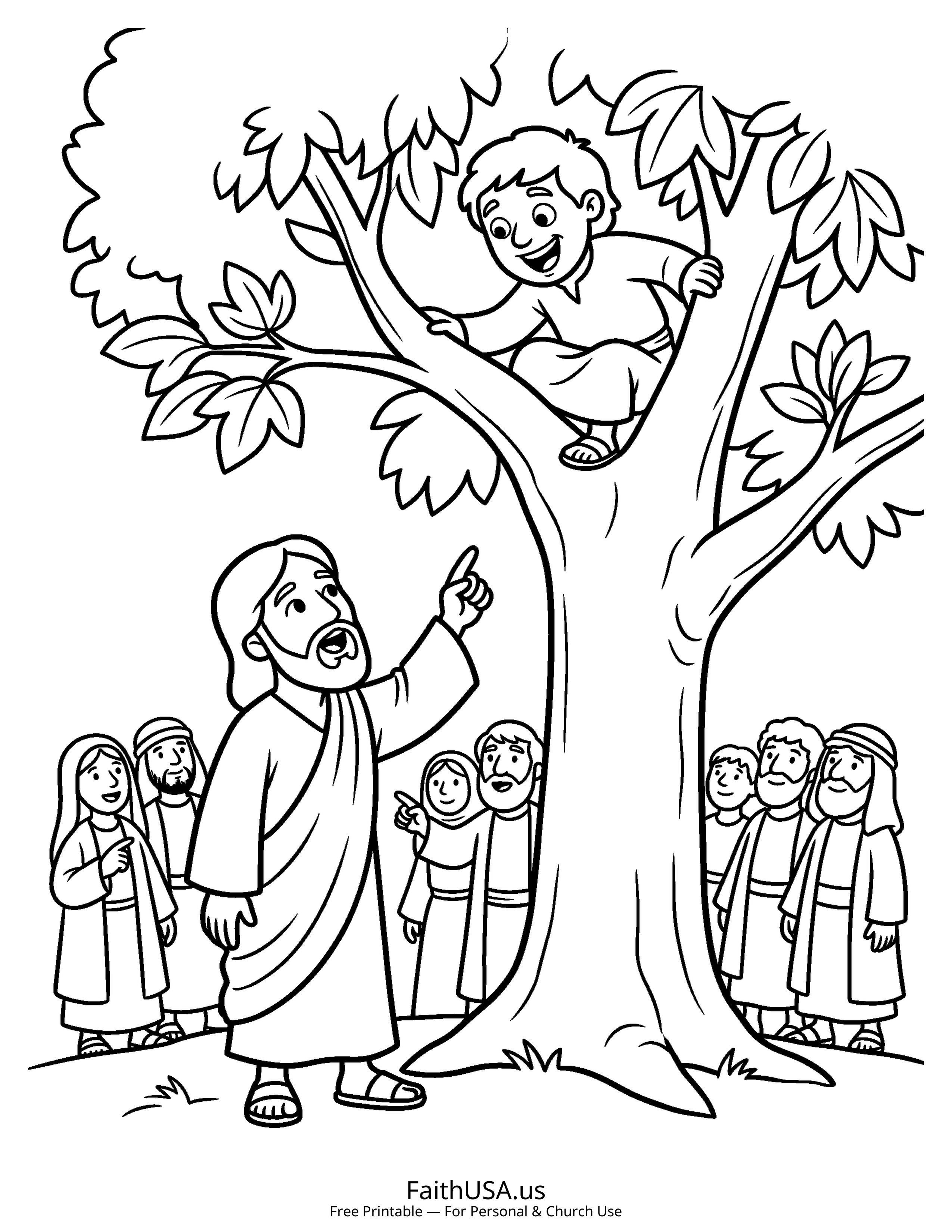 Jesus coloring page featuring Jesus and Zacchaeus in simple black-and-white line art