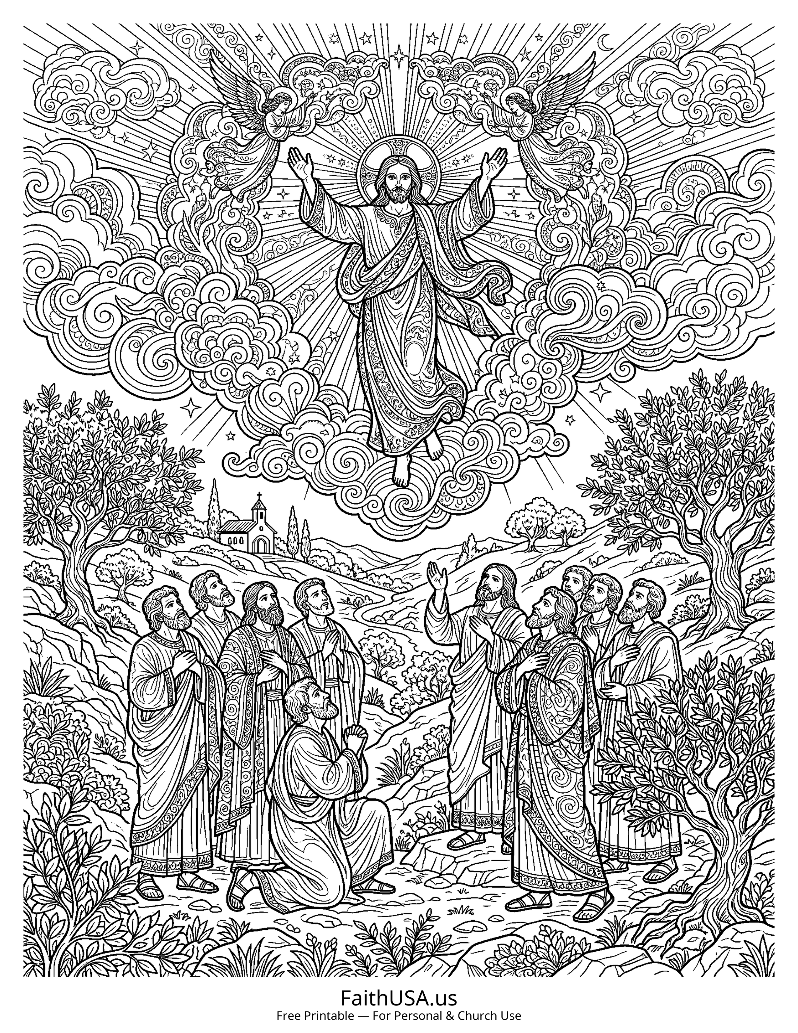 Jesus coloring page featuring The Ascension of Jesus in detailed black-and-white line art