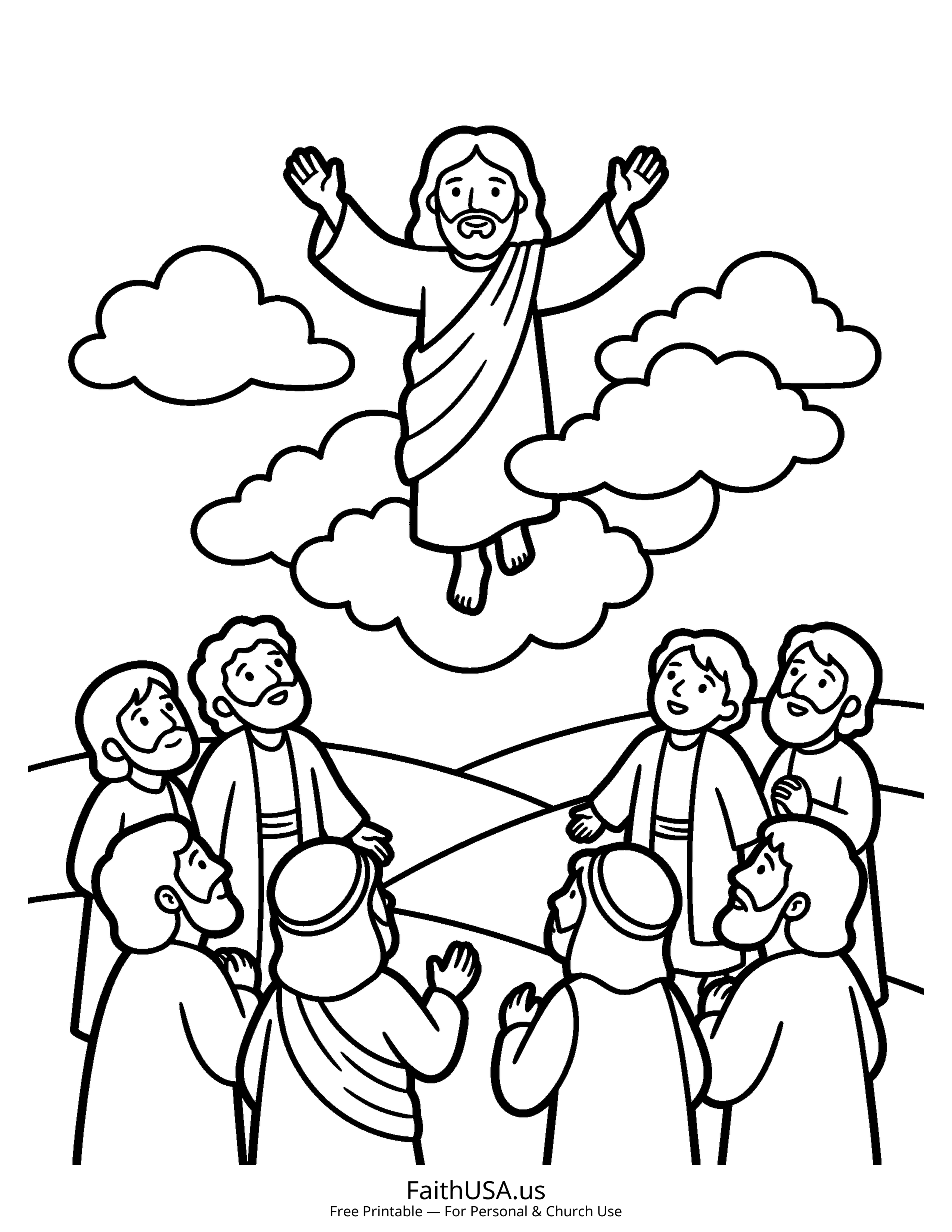 Jesus coloring page featuring The Ascension of Jesus in simple black-and-white line art