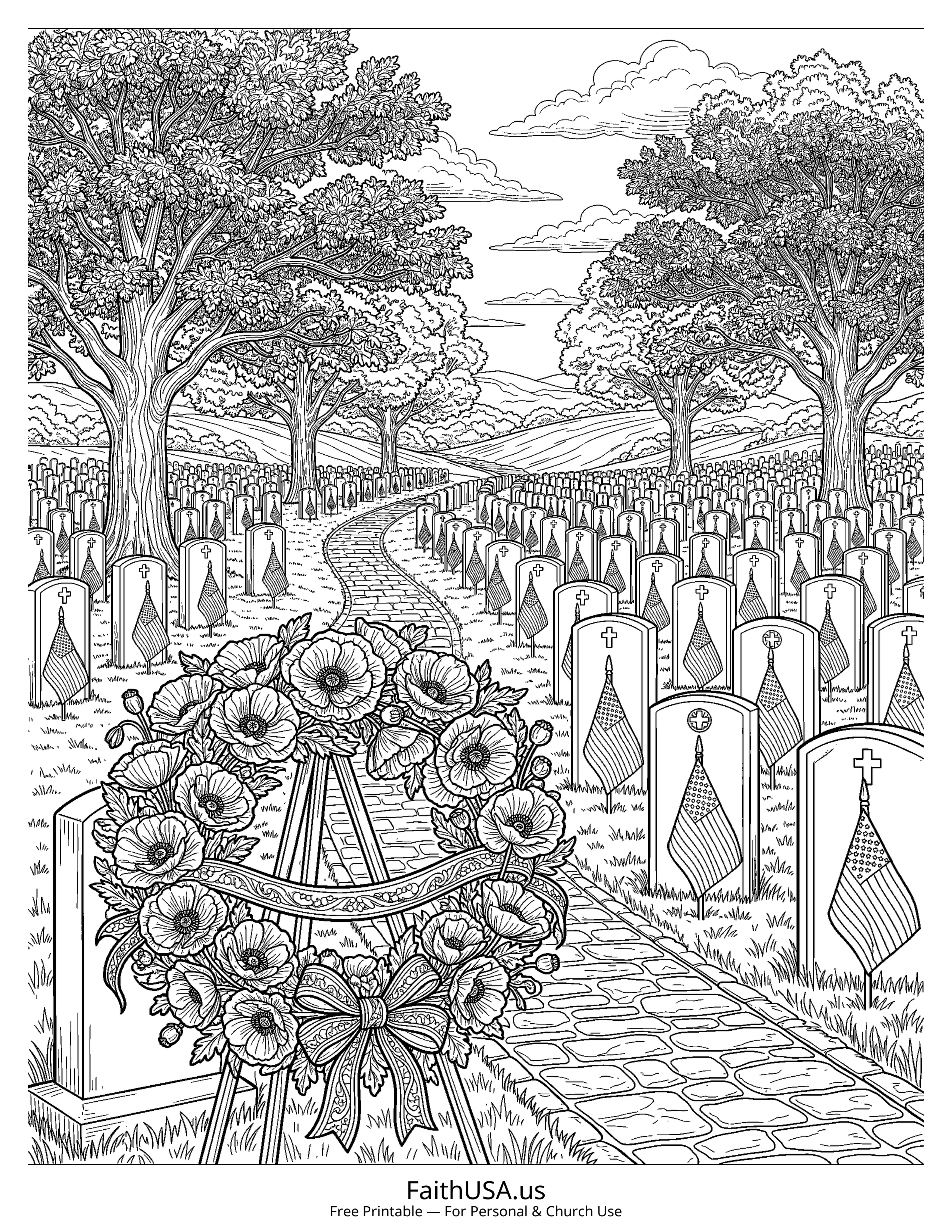 Free printable detailed Memorial Day cemetery flags coloring page PDF for Memorial Day lessons and remembrance activities