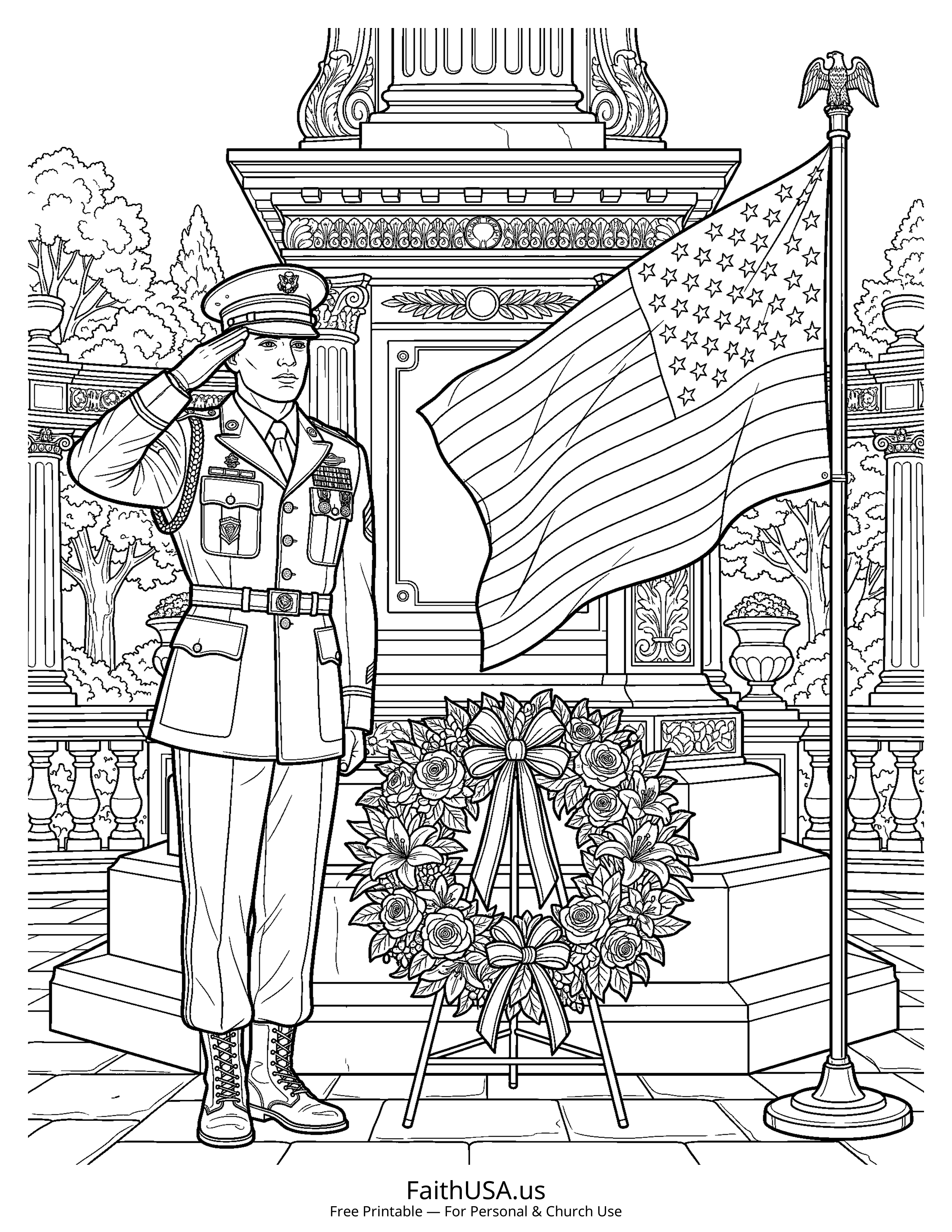 Free printable detailed Memorial Day soldier salute coloring page PDF for Memorial Day lessons and remembrance activities