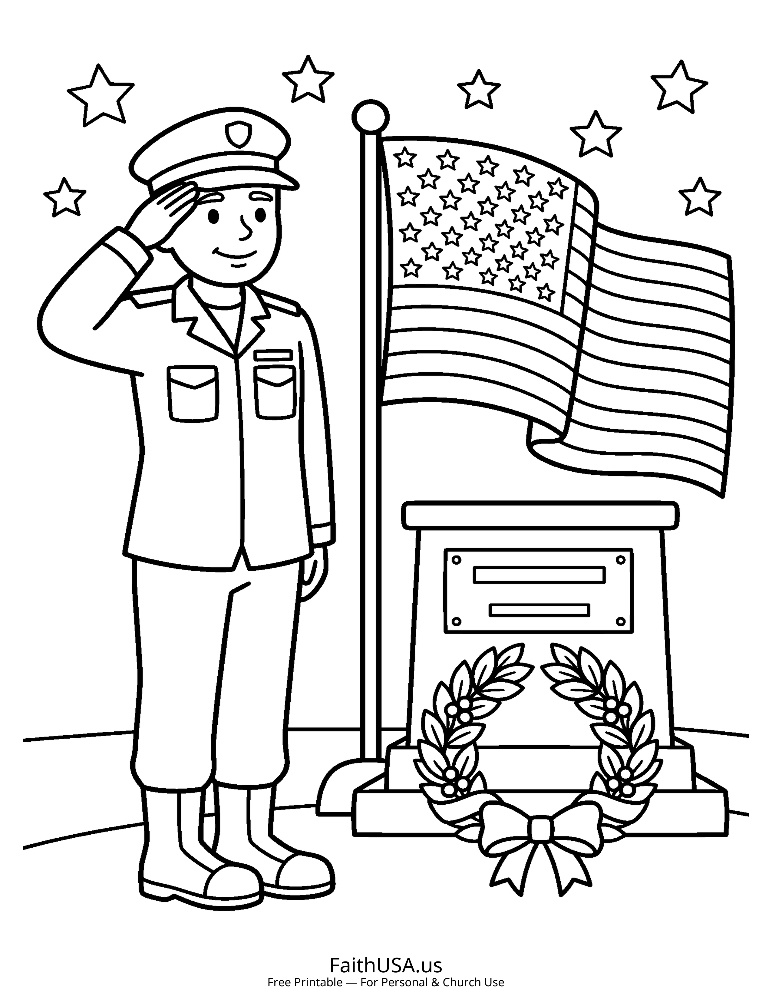Free printable simple Memorial Day soldier salute coloring page PDF for Memorial Day lessons and remembrance activities