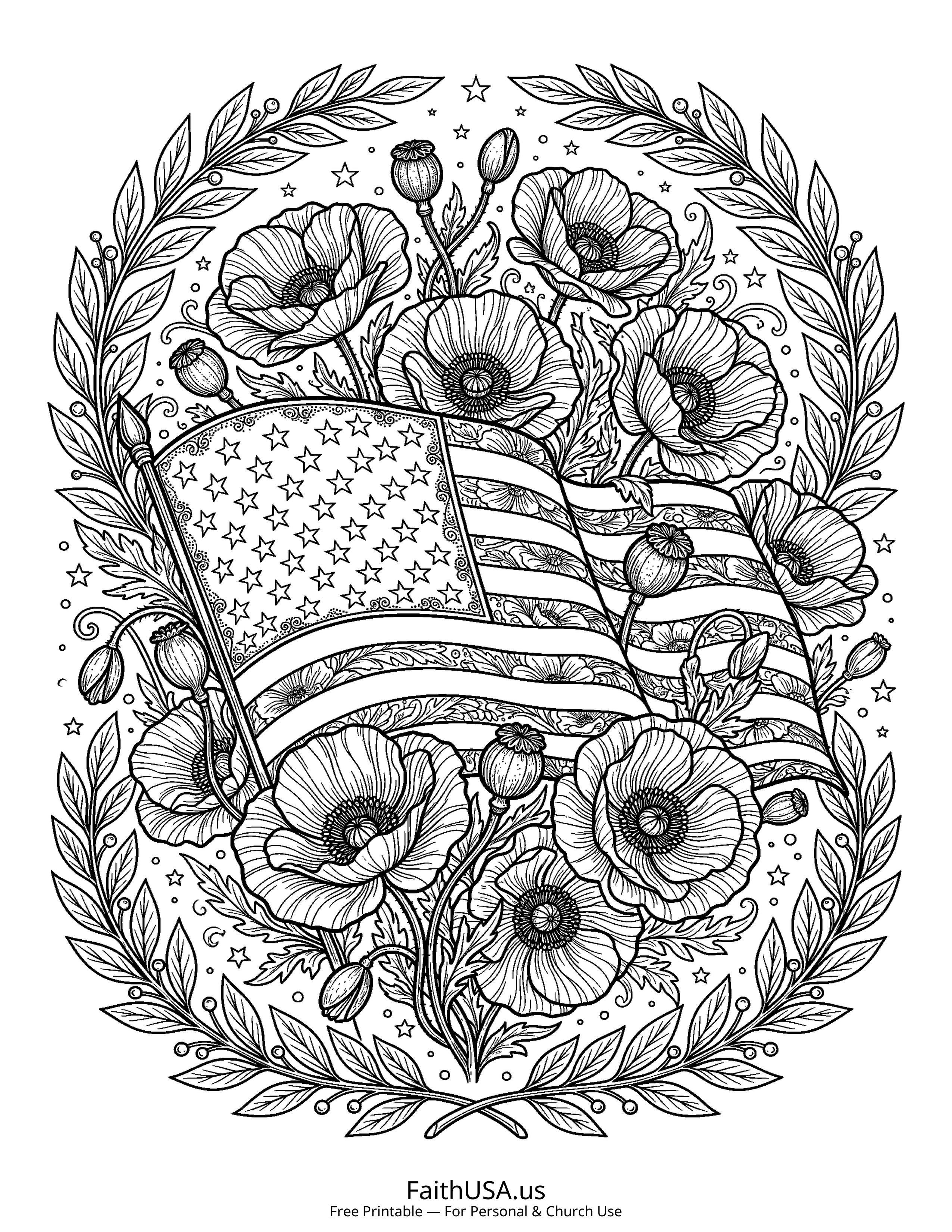 Free printable detailed Memorial Day remembrance poppies coloring page PDF for Memorial Day lessons and remembrance activities