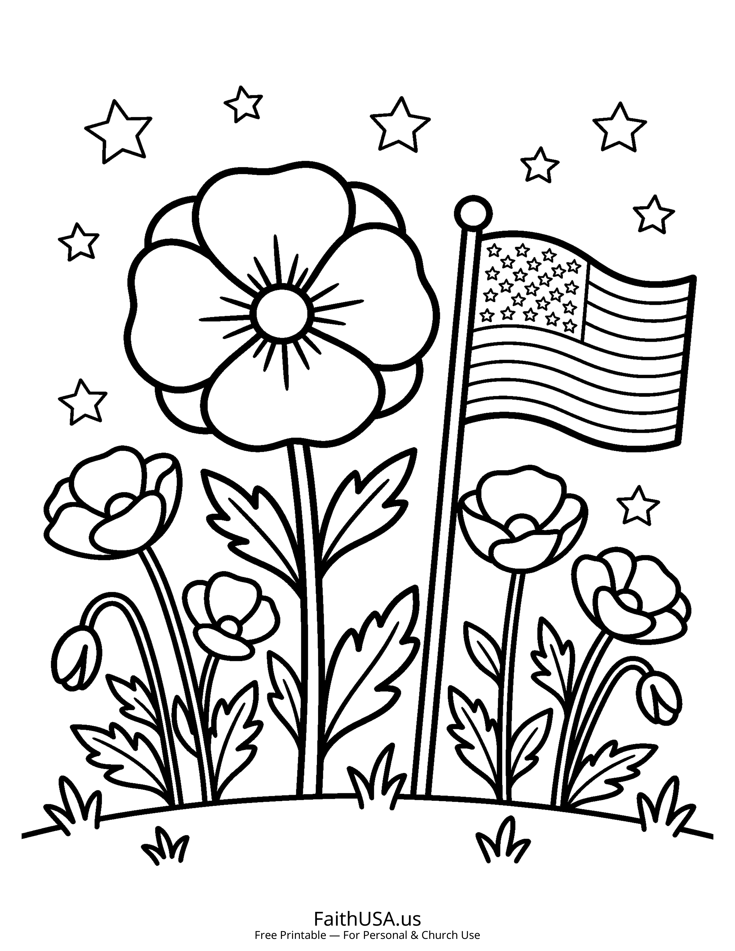 Free printable simple Memorial Day remembrance poppies coloring page PDF for Memorial Day lessons and remembrance activities