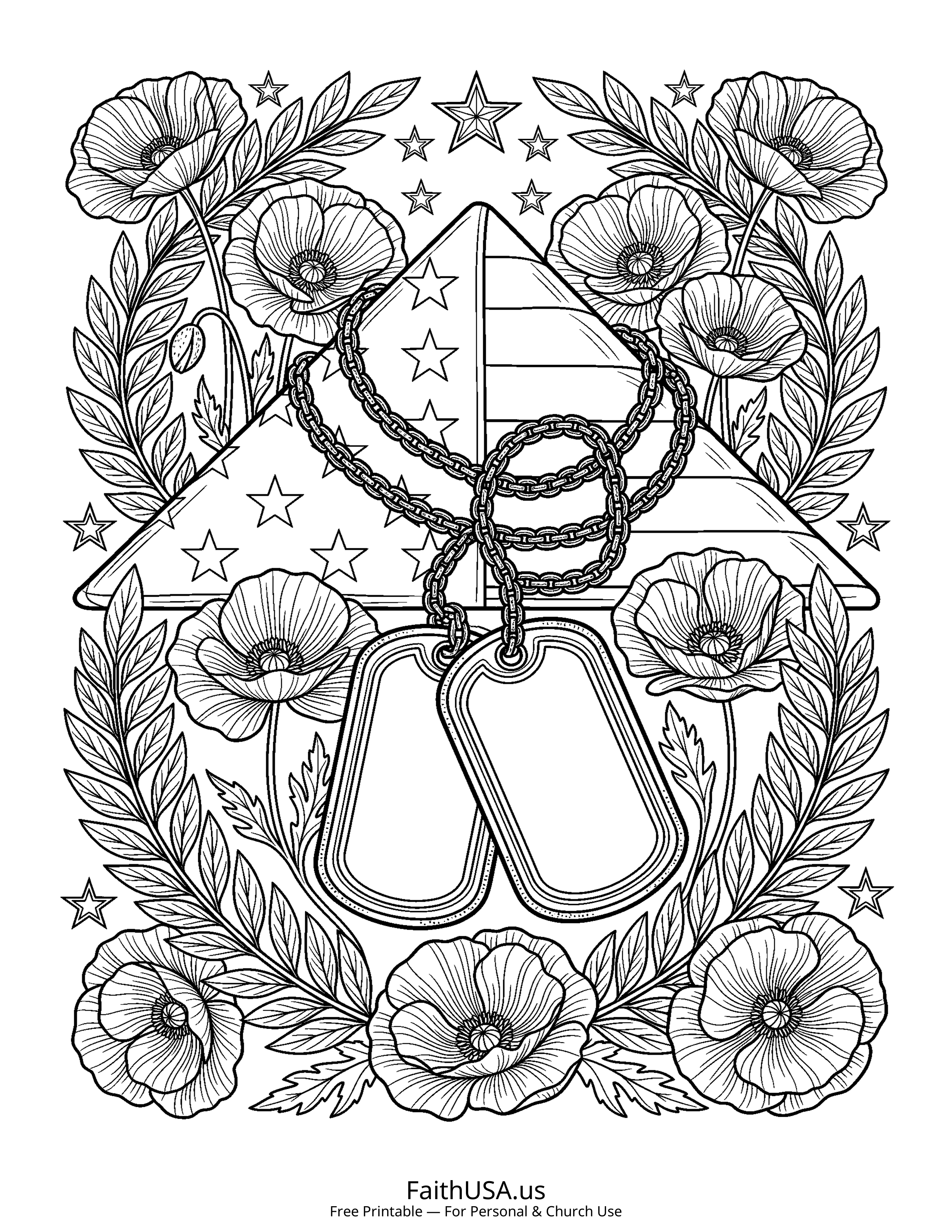 Free printable detailed Memorial Day dog tags with American flag coloring page PDF for Memorial Day lessons and remembrance activities