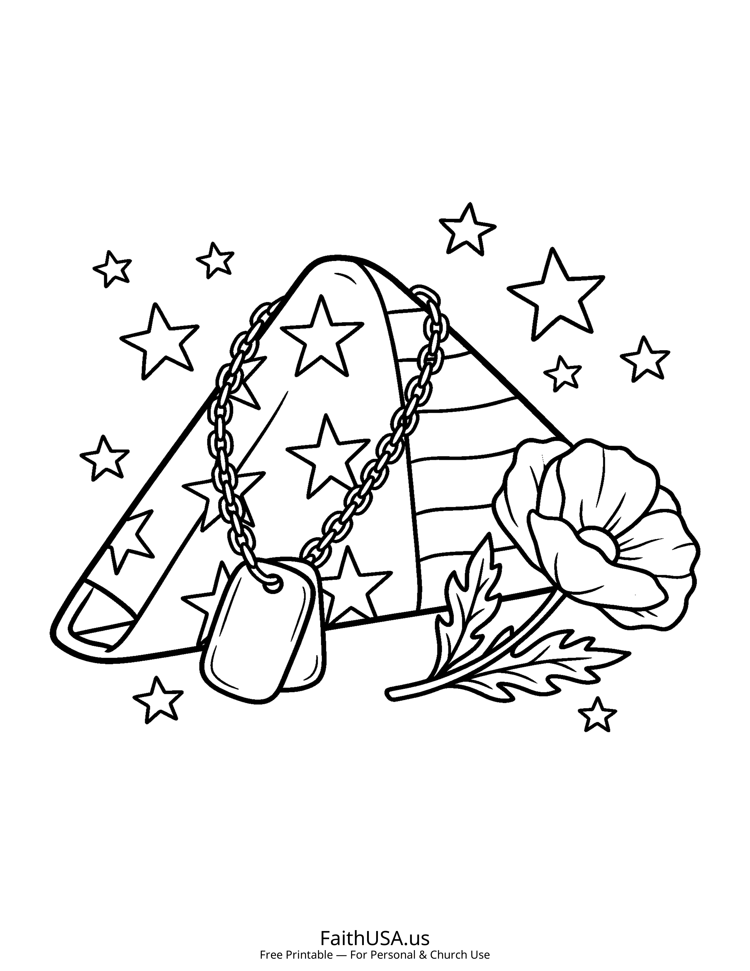 Free printable simple Memorial Day dog tags with American flag coloring page PDF for Memorial Day lessons and remembrance activities