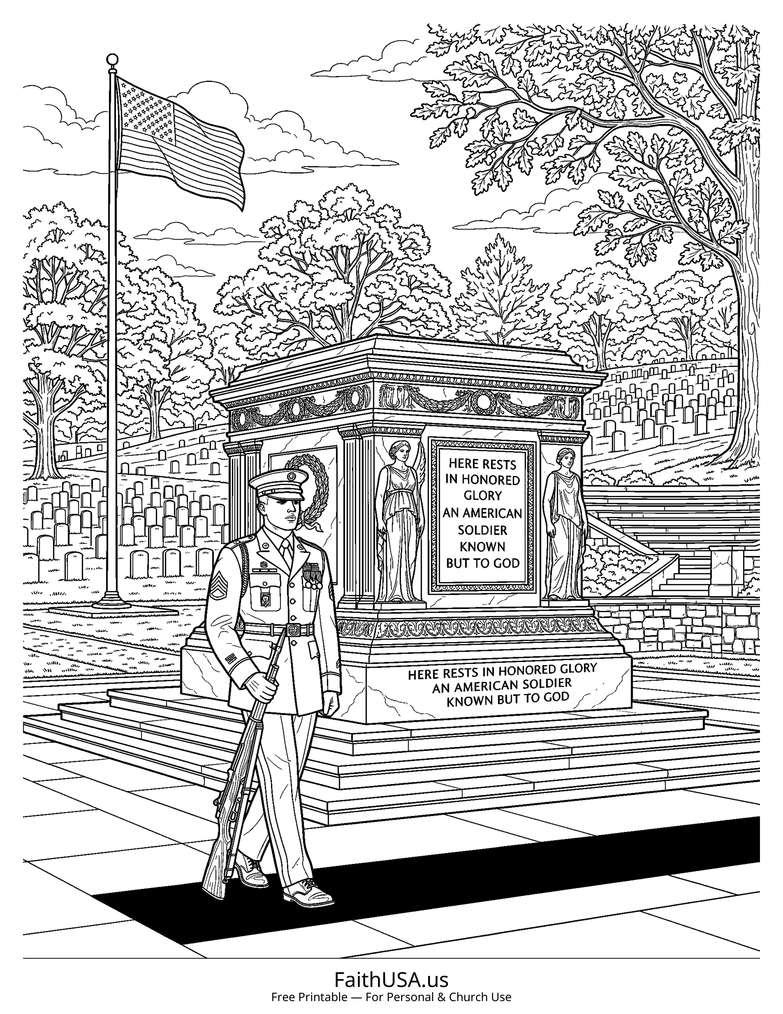 Free printable detailed Tomb of the Unknown Soldier coloring page PDF for Memorial Day lessons and remembrance activities