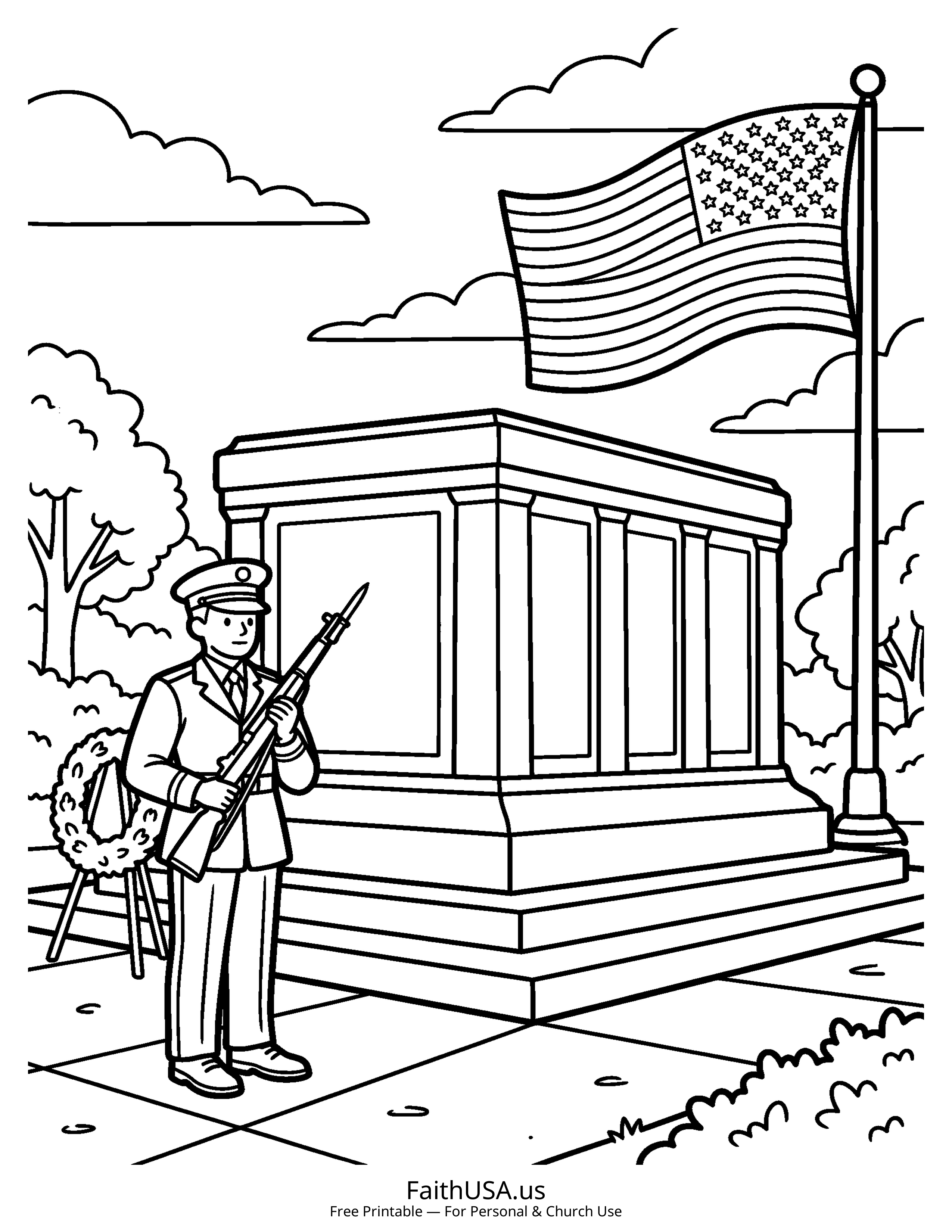 Free printable simple Tomb of the Unknown Soldier coloring page PDF for Memorial Day lessons and remembrance activities