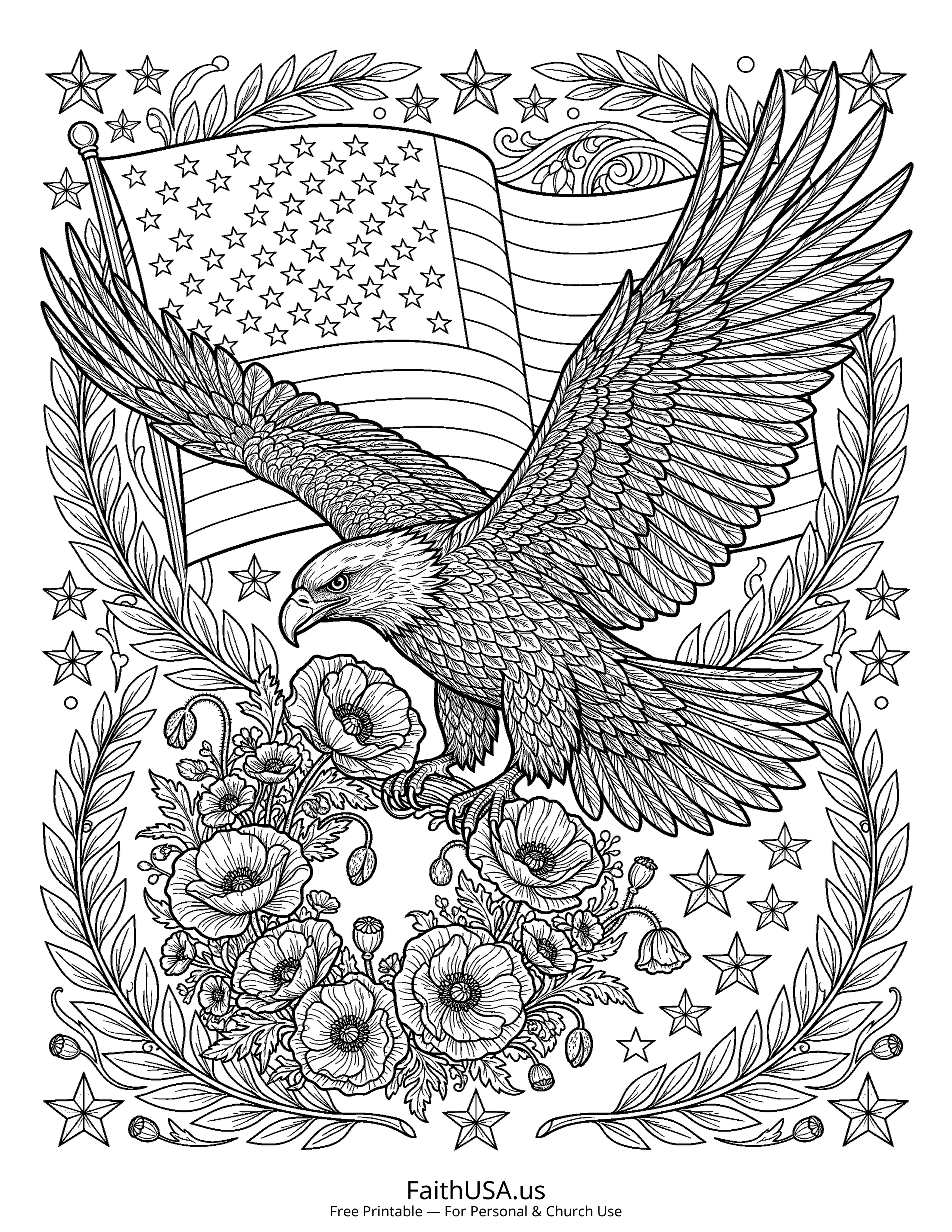 Free printable detailed Memorial Day eagle with wreath coloring page PDF for Memorial Day lessons and remembrance activities