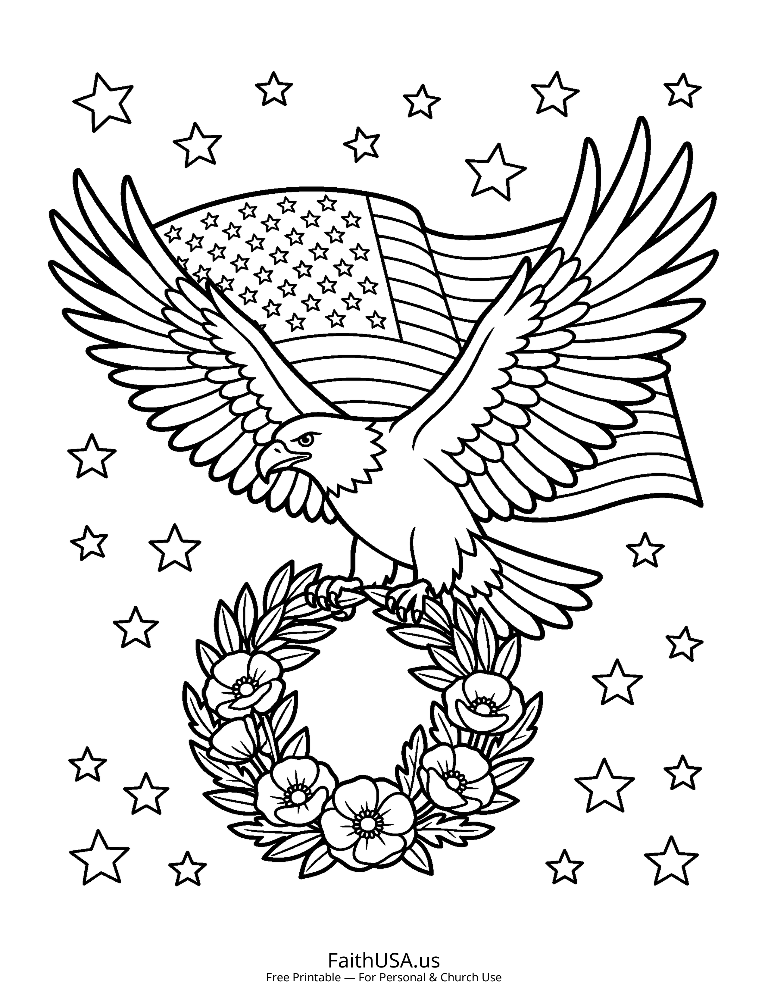 Free printable simple Memorial Day eagle with wreath coloring page PDF for Memorial Day lessons and remembrance activities