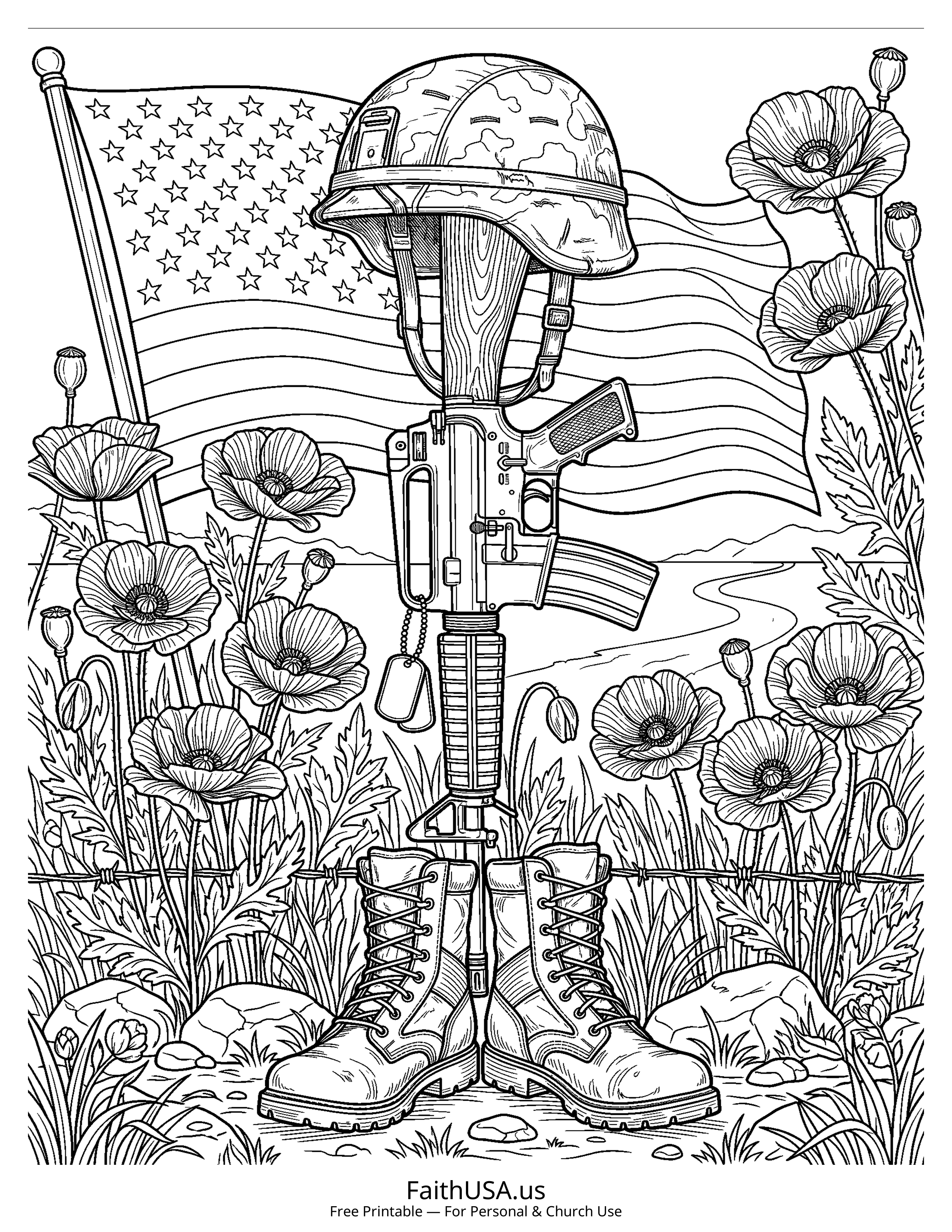 Free printable detailed Memorial Day battlefield cross coloring page PDF for Memorial Day lessons and remembrance activities