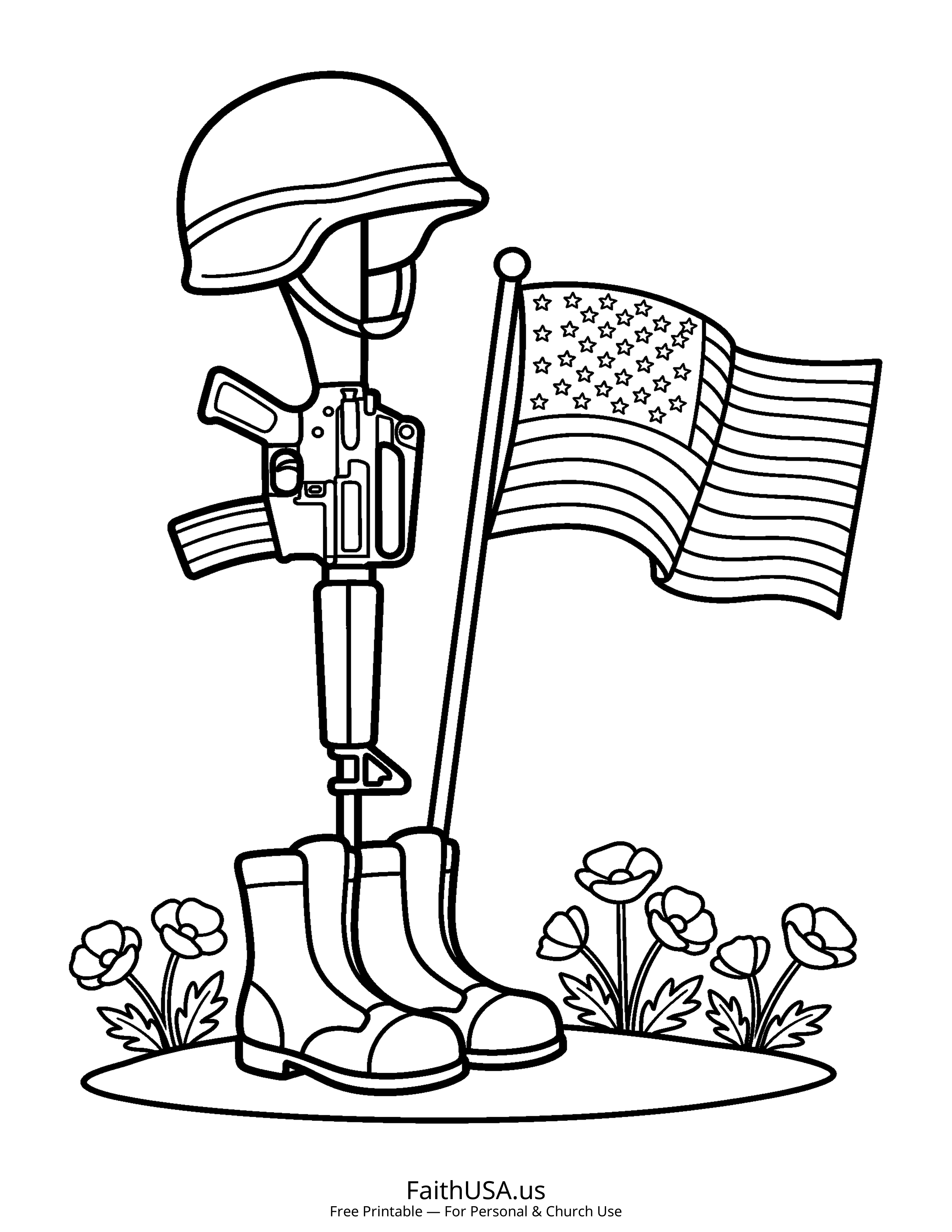 Free printable simple Memorial Day battlefield cross coloring page PDF for Memorial Day lessons and remembrance activities