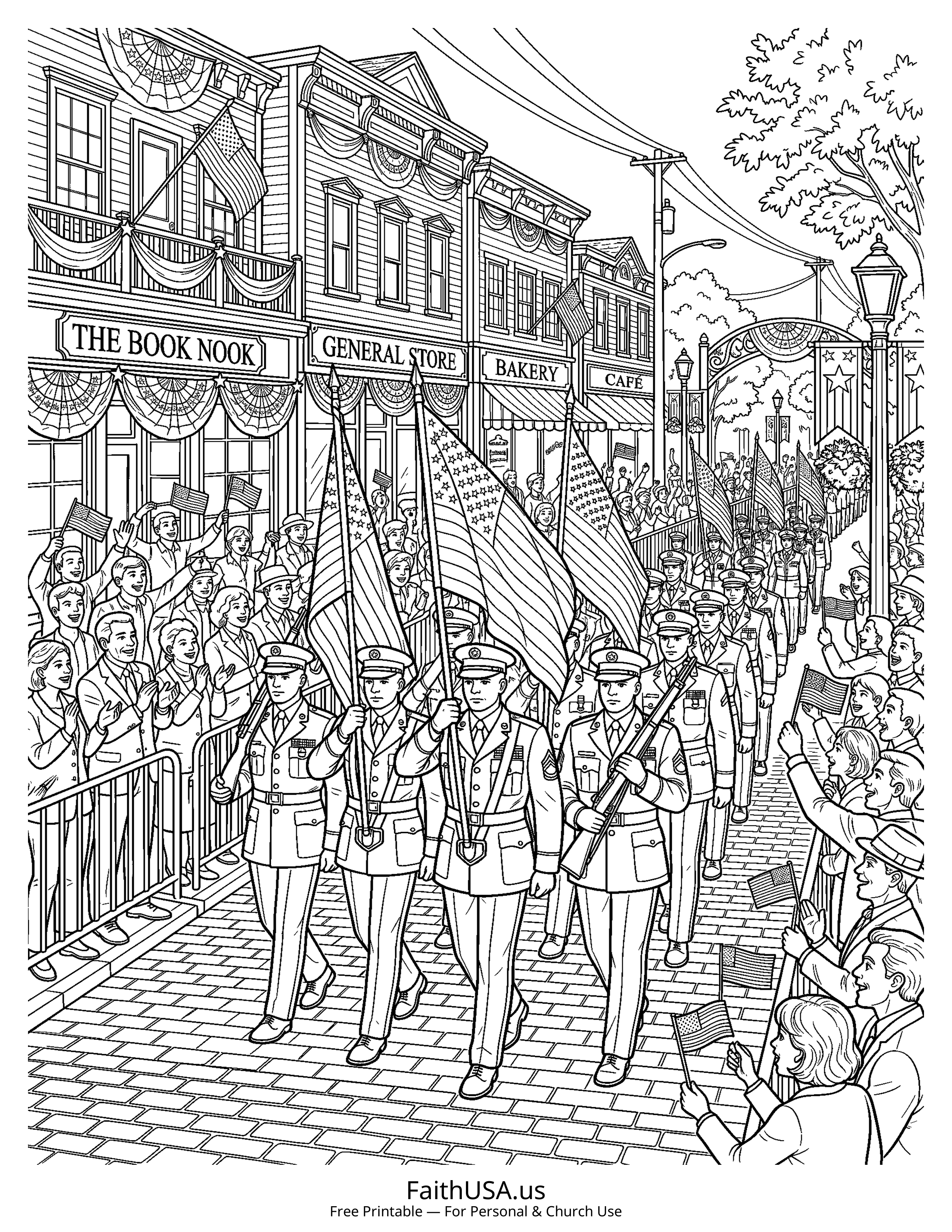 Free printable detailed Memorial Day parade coloring page PDF for Memorial Day lessons and remembrance activities
