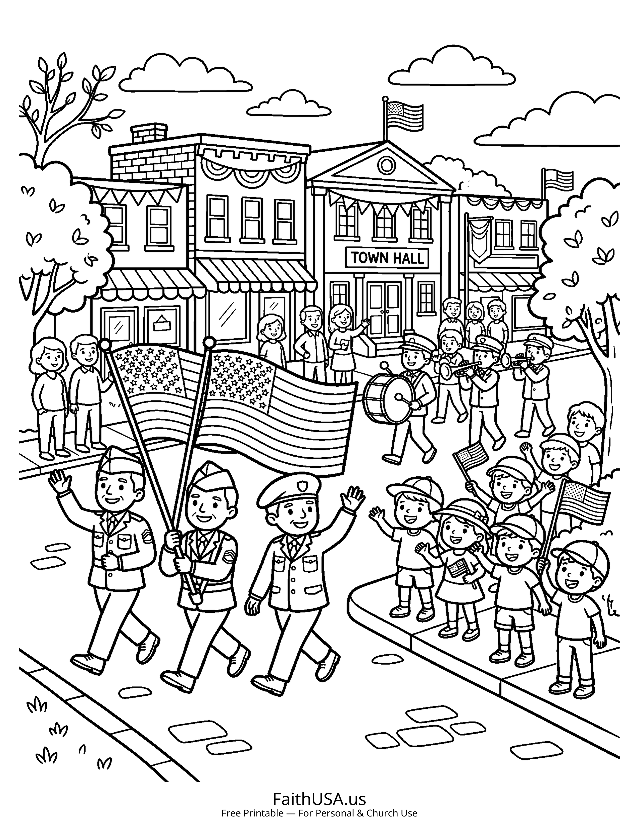 Free printable simple Memorial Day parade coloring page PDF for Memorial Day lessons and remembrance activities