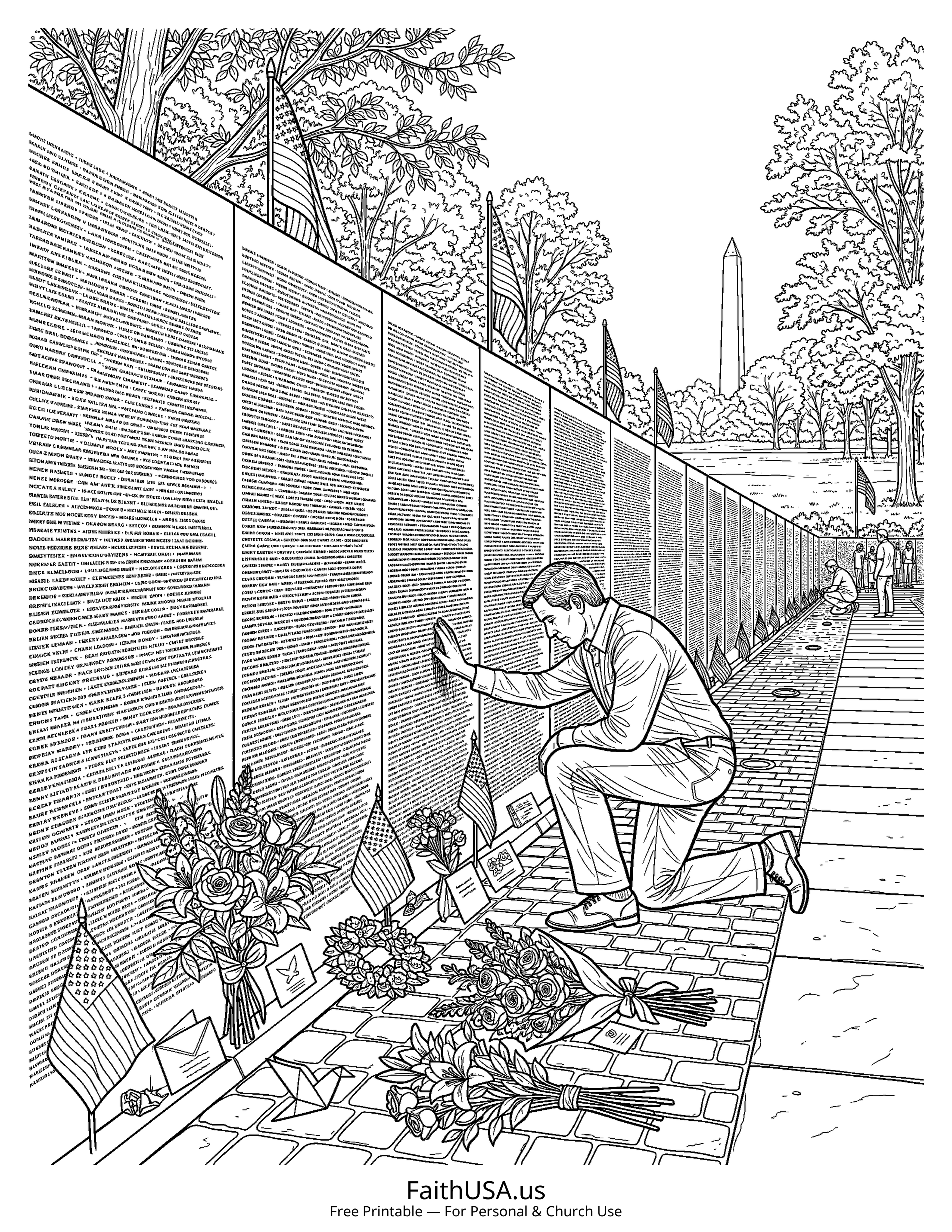 Free printable detailed Memorial Day wall tribute coloring page PDF for Memorial Day lessons and remembrance activities
