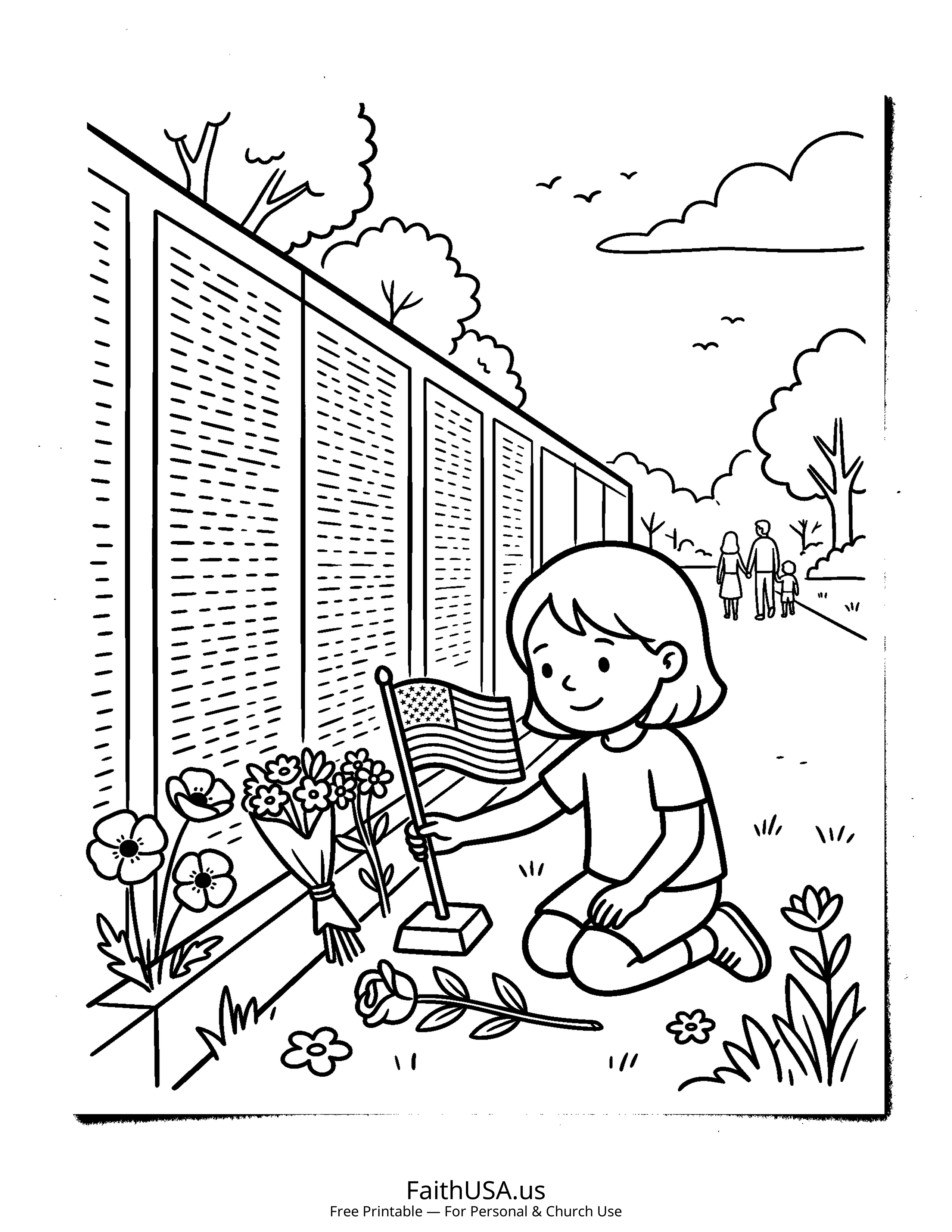 Free printable simple Memorial Day wall tribute coloring page PDF for Memorial Day lessons and remembrance activities