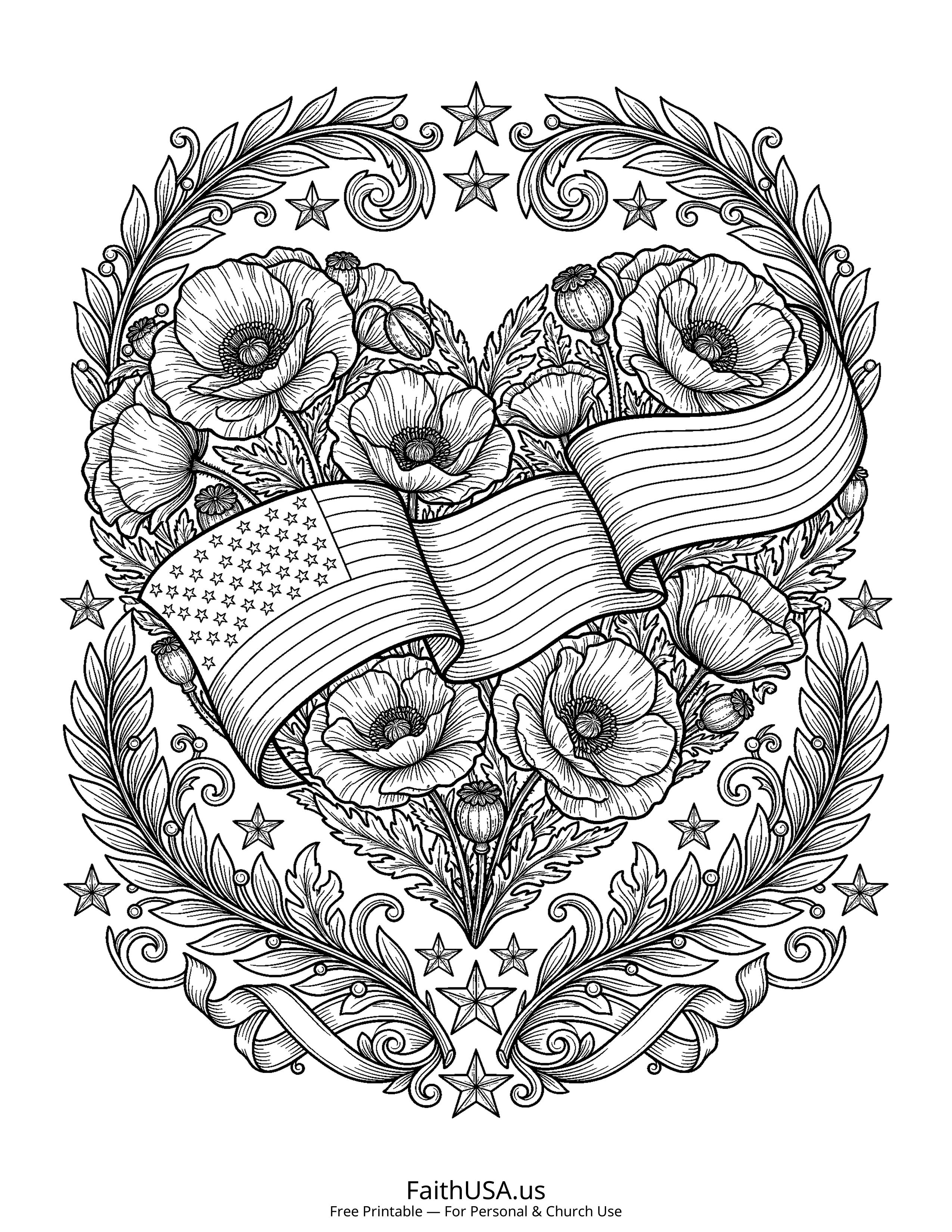Free printable detailed Memorial Day poppy heart coloring page PDF for Memorial Day lessons and remembrance activities