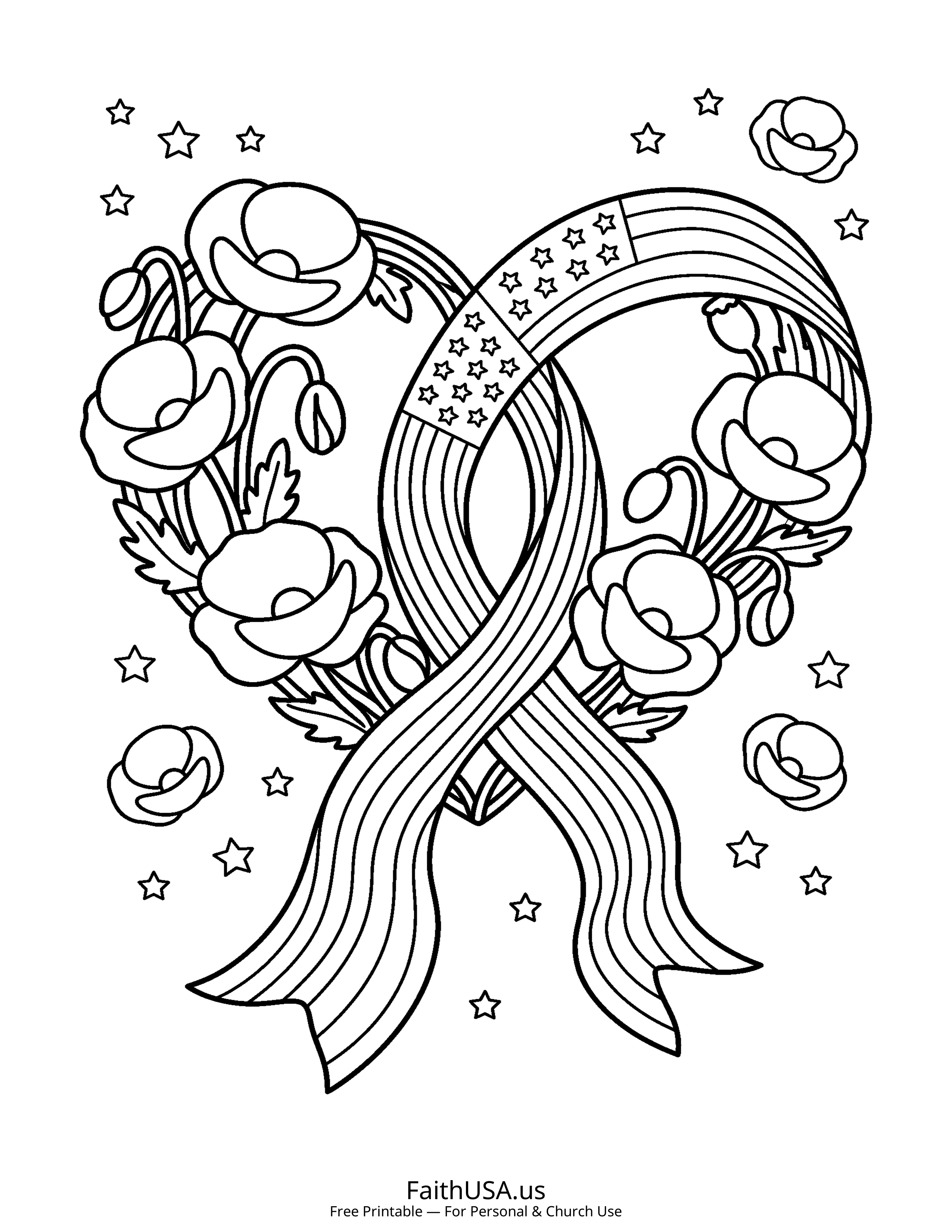 Free printable simple Memorial Day poppy heart coloring page PDF for Memorial Day lessons and remembrance activities