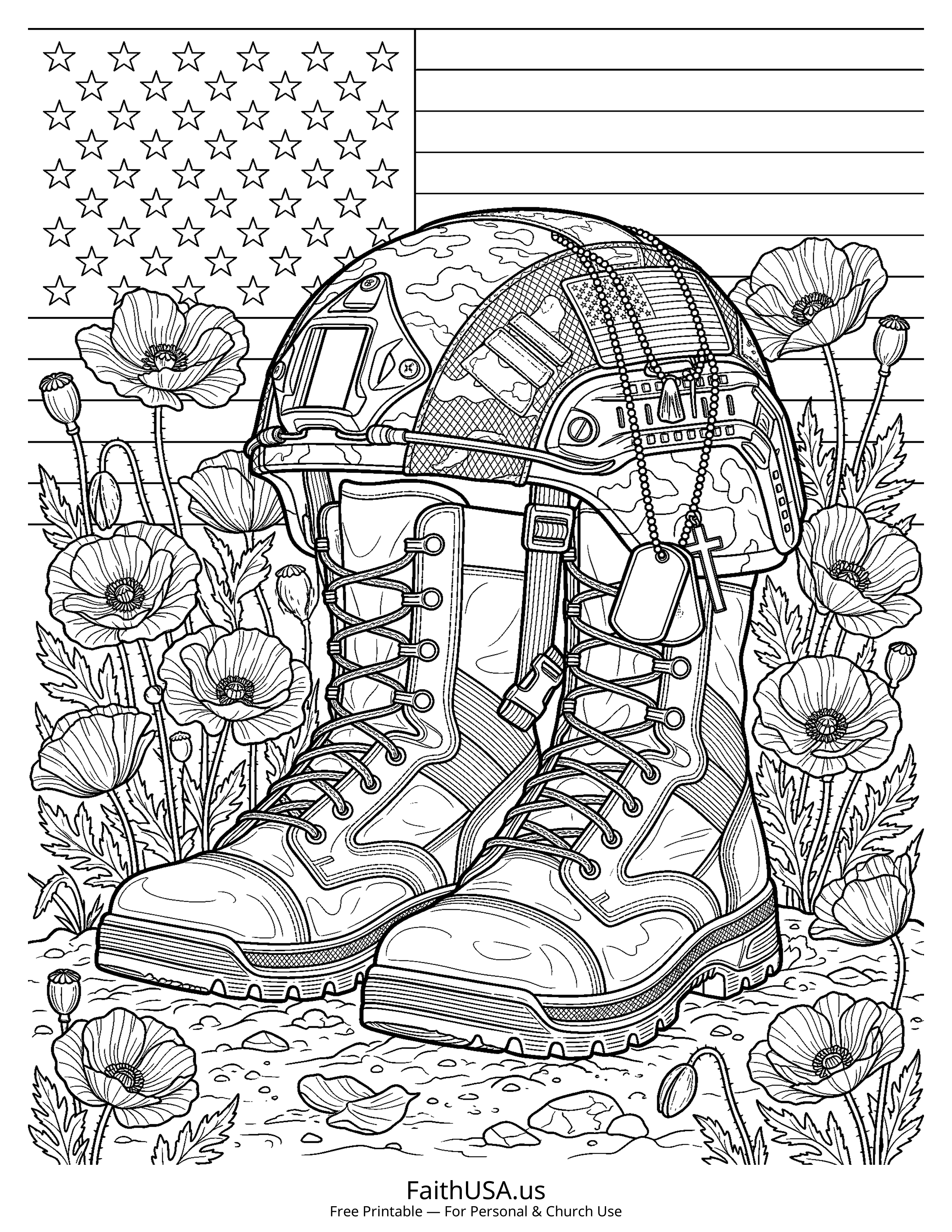 Free printable detailed fallen hero tribute coloring page PDF for Memorial Day lessons and remembrance activities