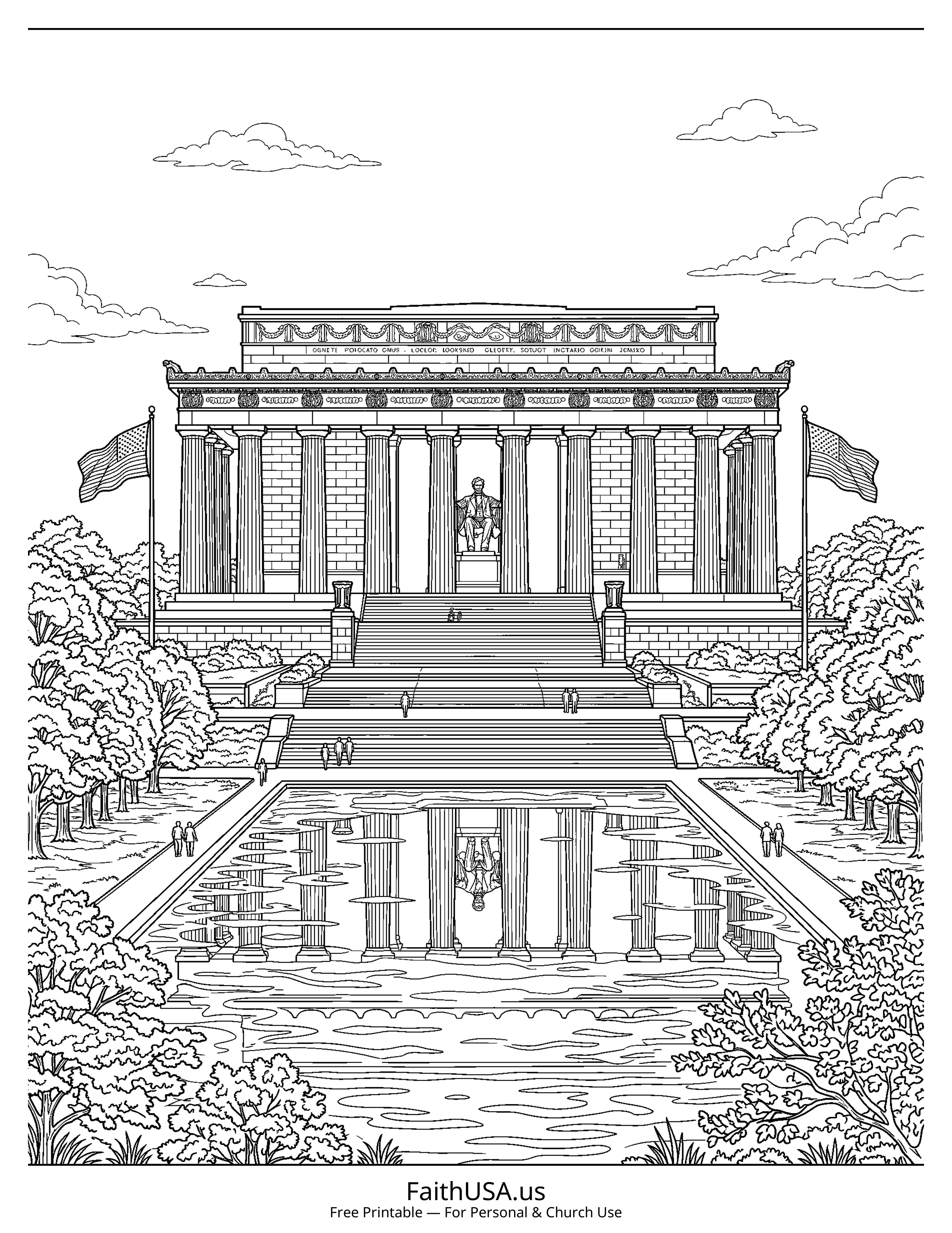 Free printable detailed Lincoln Memorial tribute coloring page PDF for Memorial Day lessons and remembrance activities