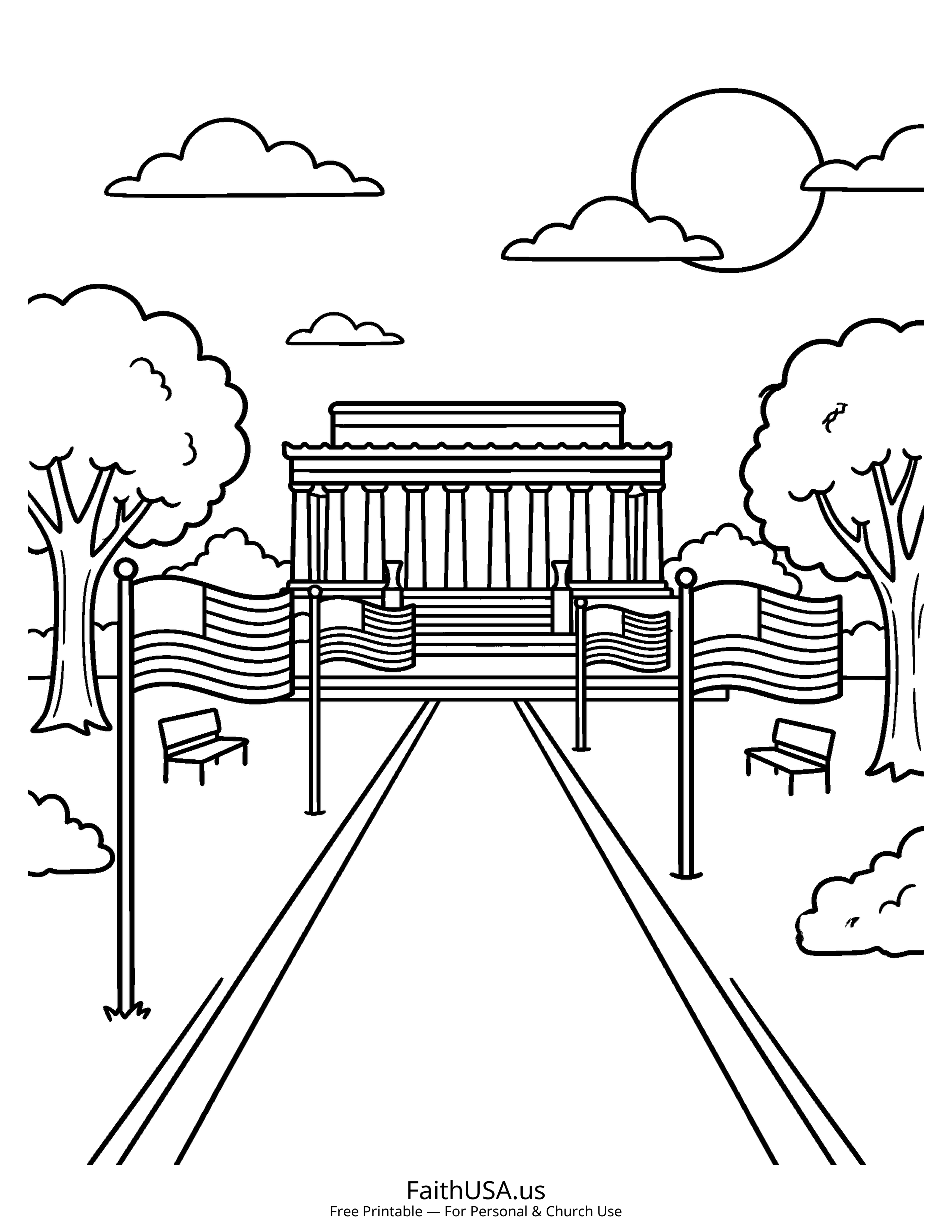 Free printable simple Lincoln Memorial tribute coloring page PDF for Memorial Day lessons and remembrance activities