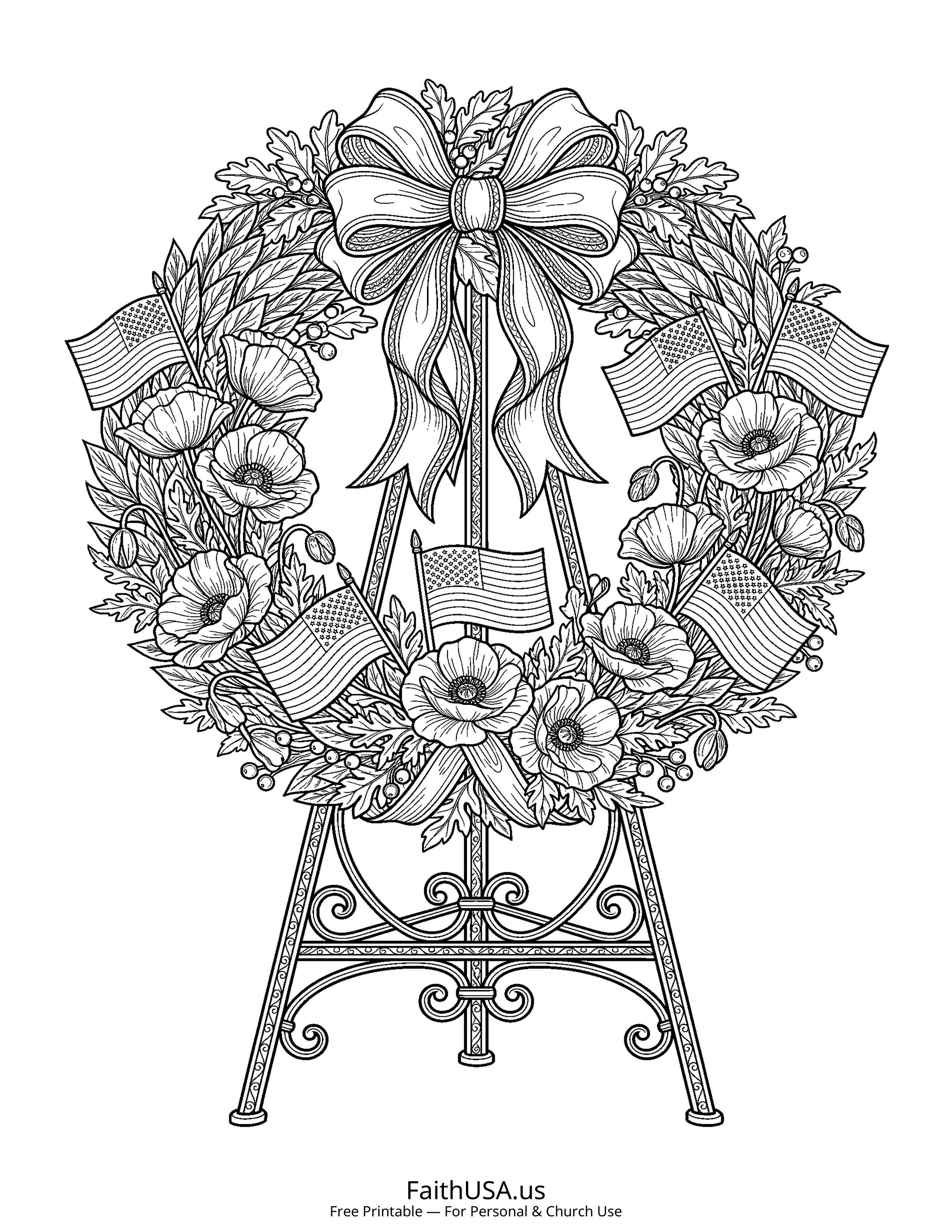 Free printable detailed Memorial Day remembrance wreath coloring page PDF for Memorial Day lessons and remembrance activities