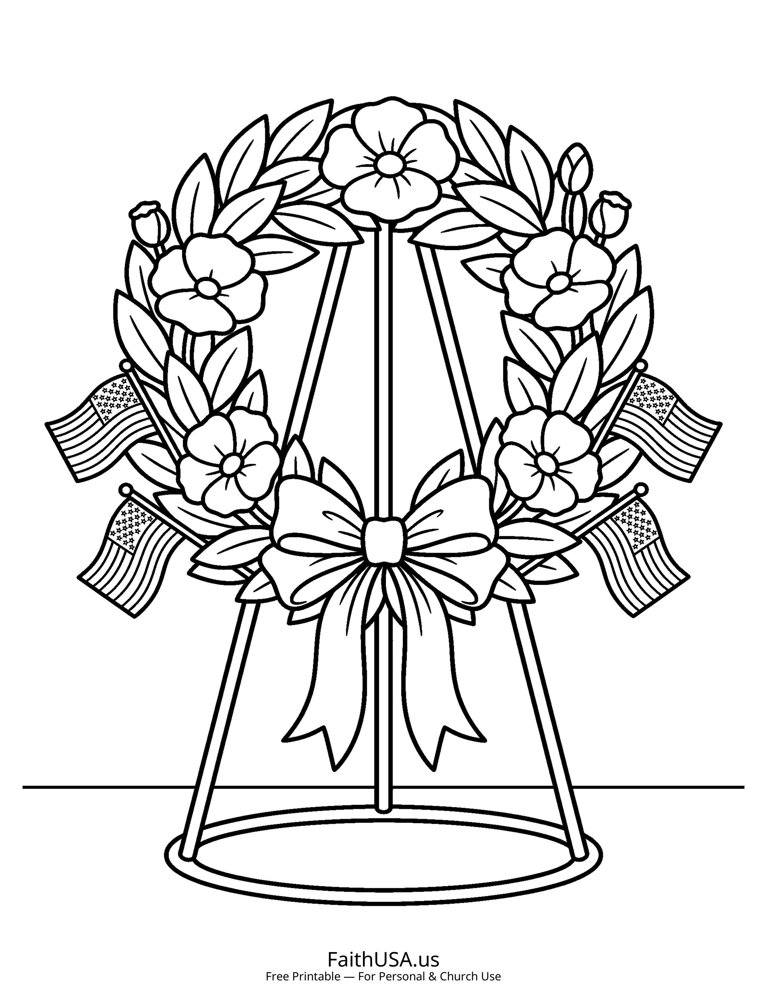 Free printable simple Memorial Day remembrance wreath coloring page PDF for Memorial Day lessons and remembrance activities