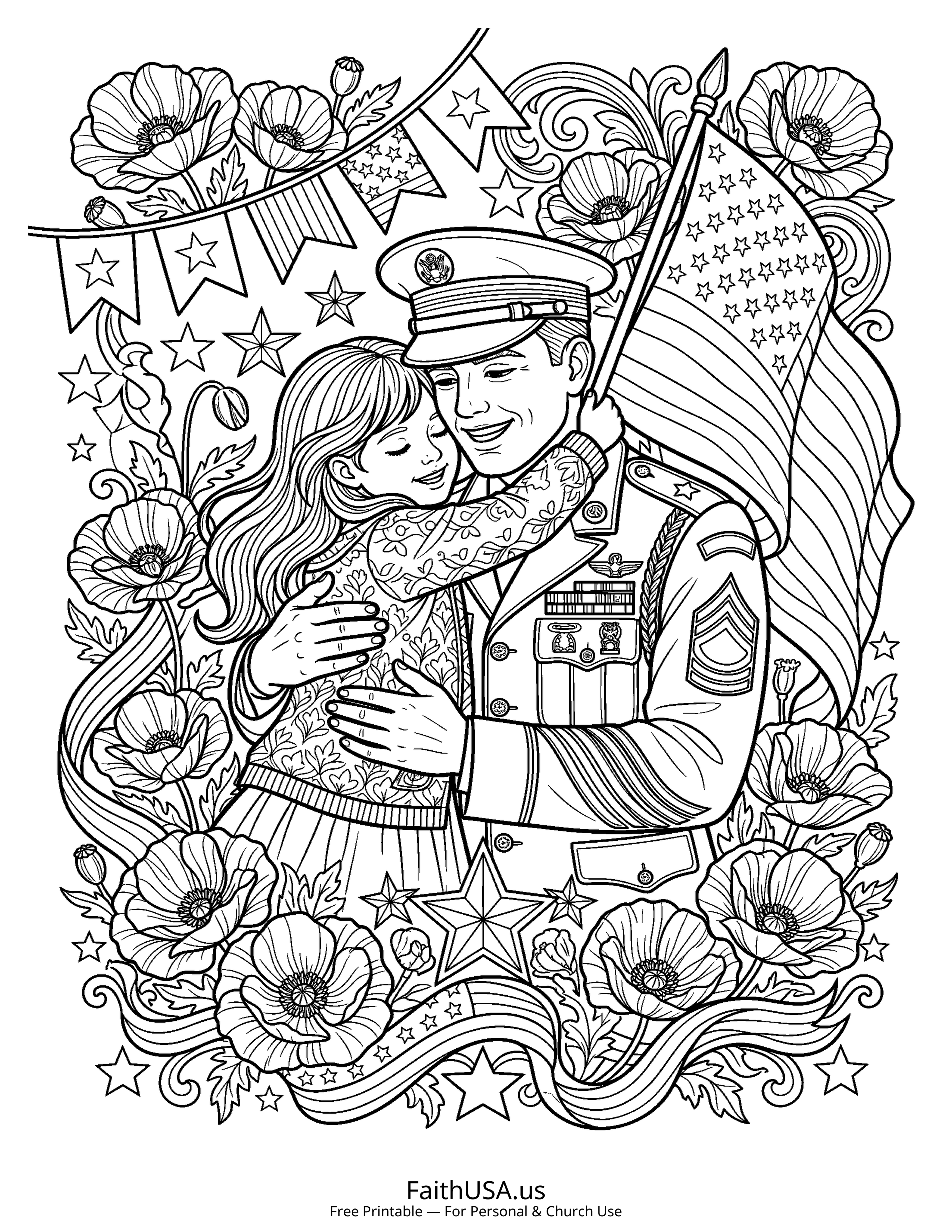 Free printable detailed Memorial Day military family coloring page PDF for Memorial Day lessons and remembrance activities