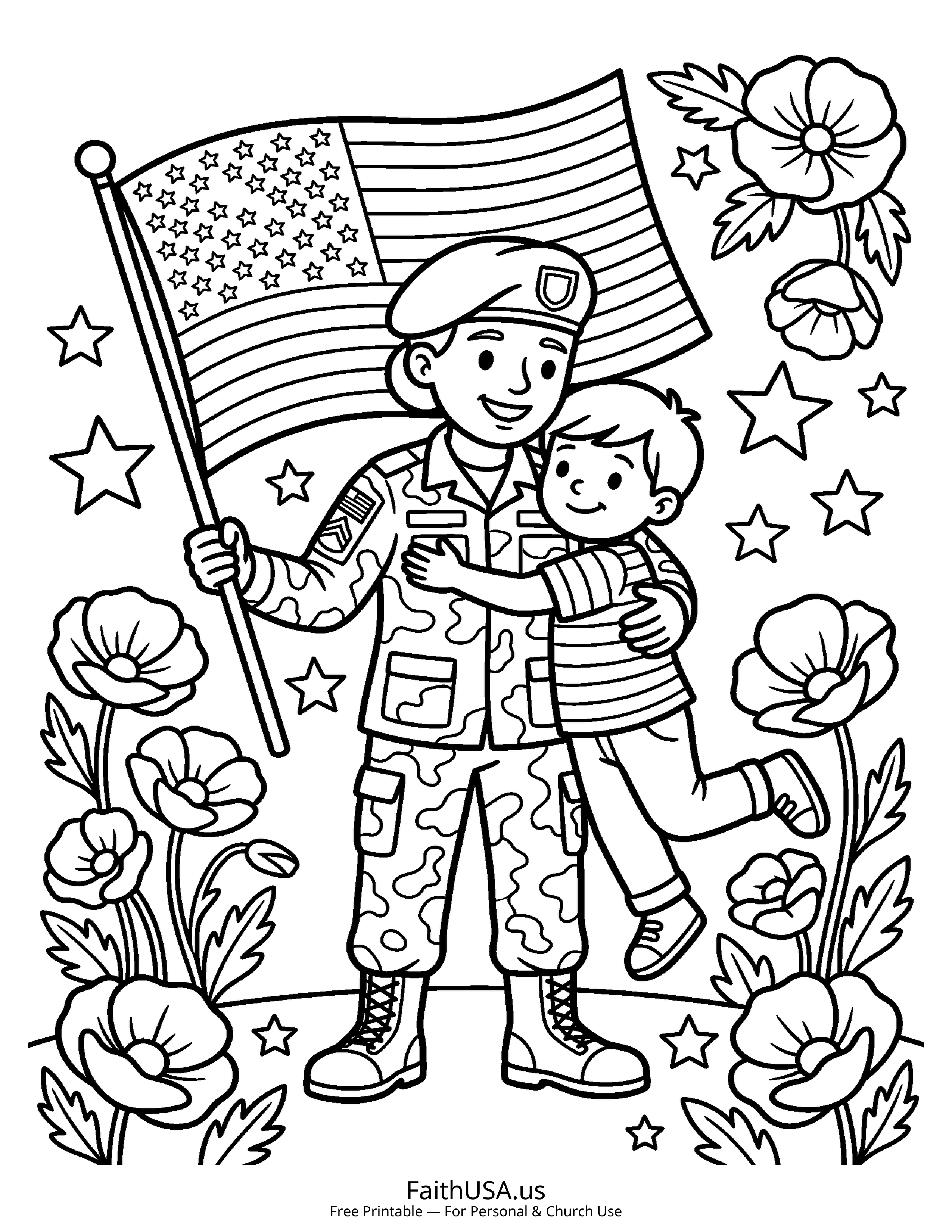 Free printable simple Memorial Day military family coloring page PDF for Memorial Day lessons and remembrance activities