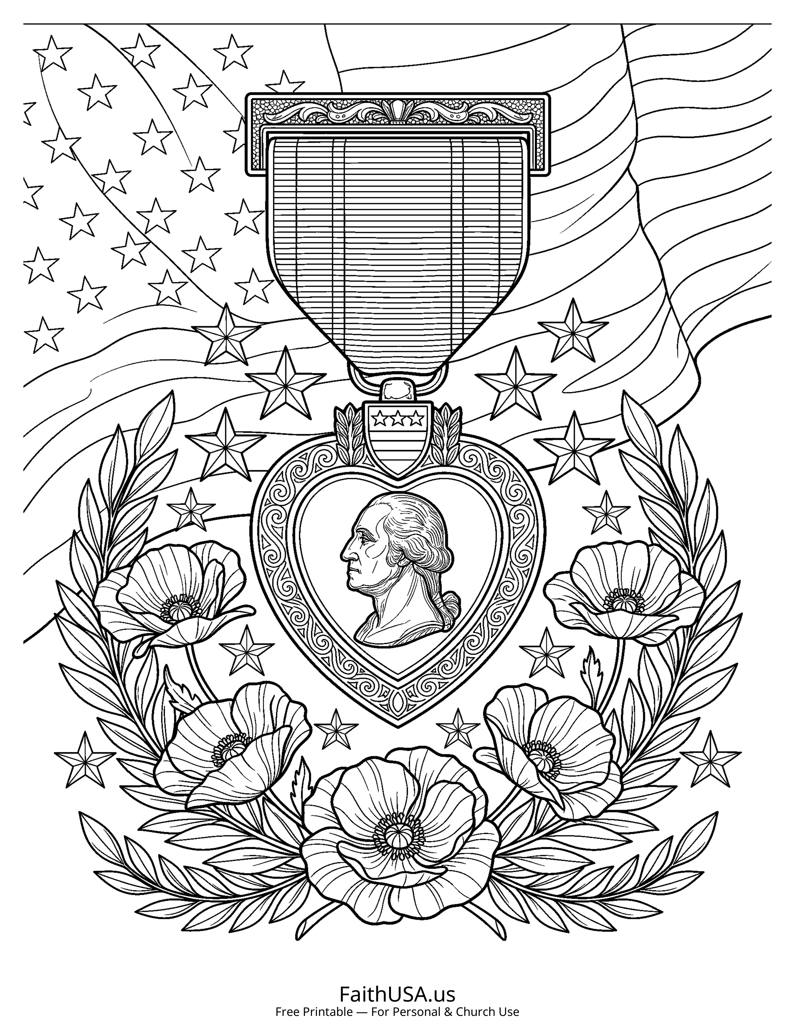 Free printable detailed Purple Heart medal coloring page PDF for Memorial Day lessons and remembrance activities