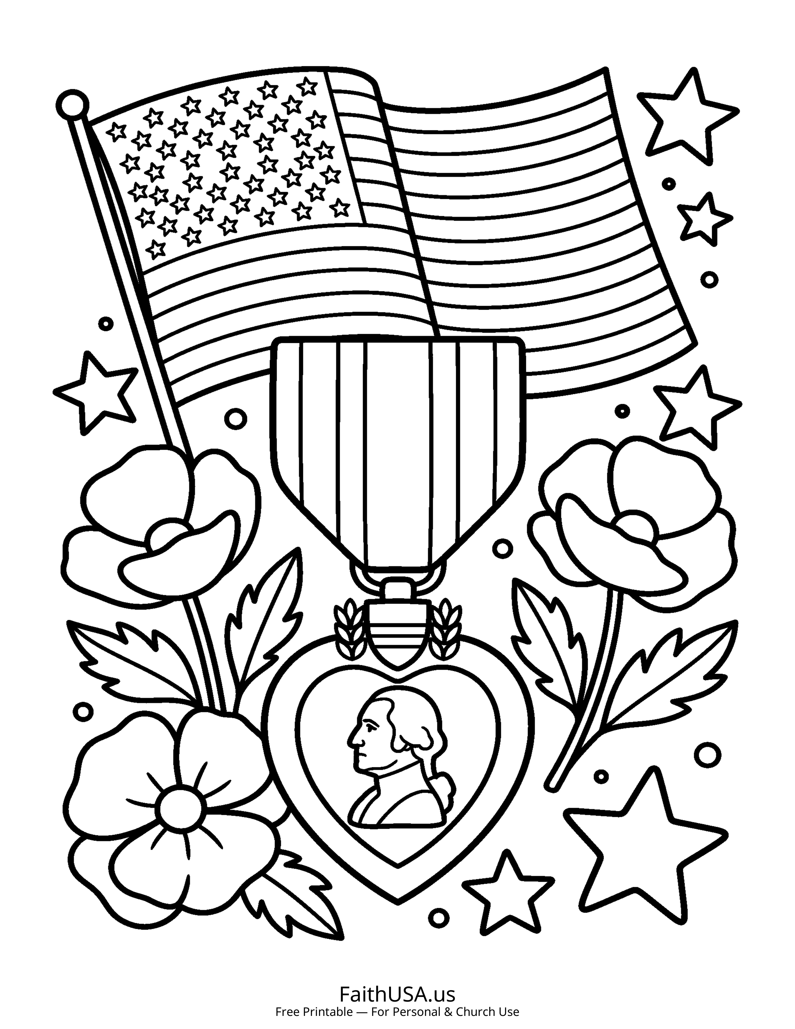 Free printable simple Purple Heart medal coloring page PDF for Memorial Day lessons and remembrance activities