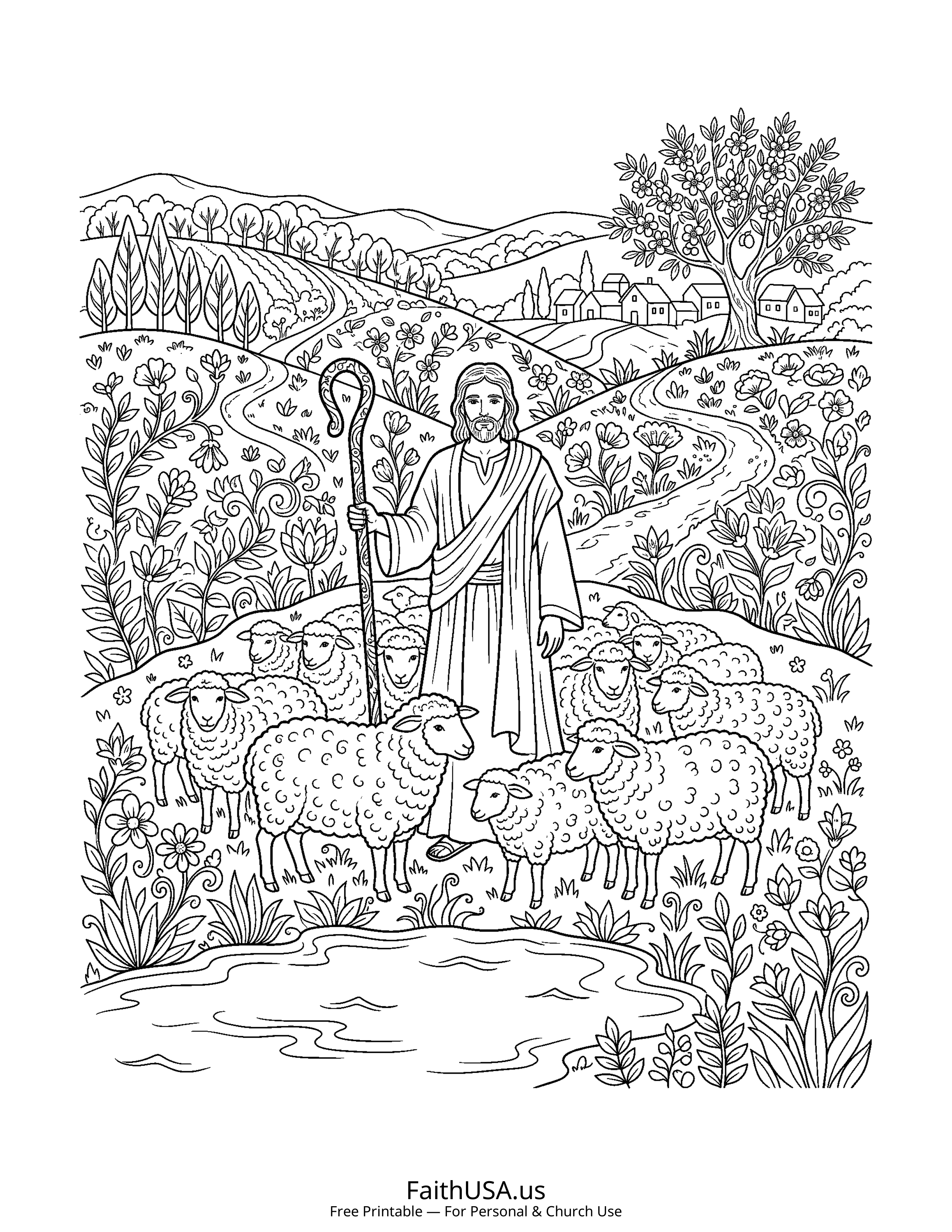 Psalm coloring page featuring Psalm 23: The Good Shepherd in detailed black-and-white line art